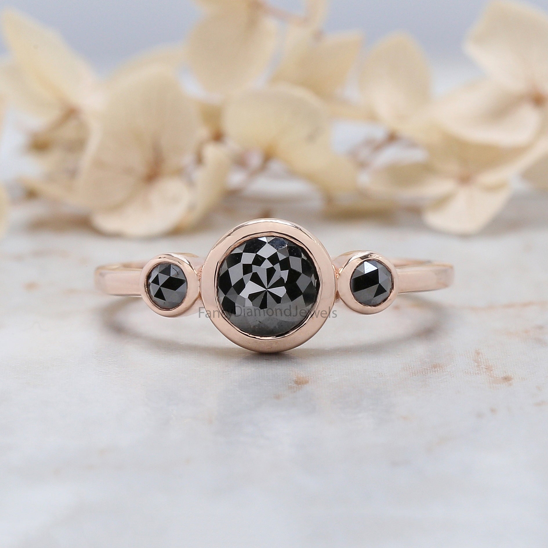 Round Rose Cut Black Color Diamond Ring 1.07 Ct 6.55 MM Round Shape Diamond Ring 14K Rose Gold Silver Engagement Ring Gift For Her QL3031