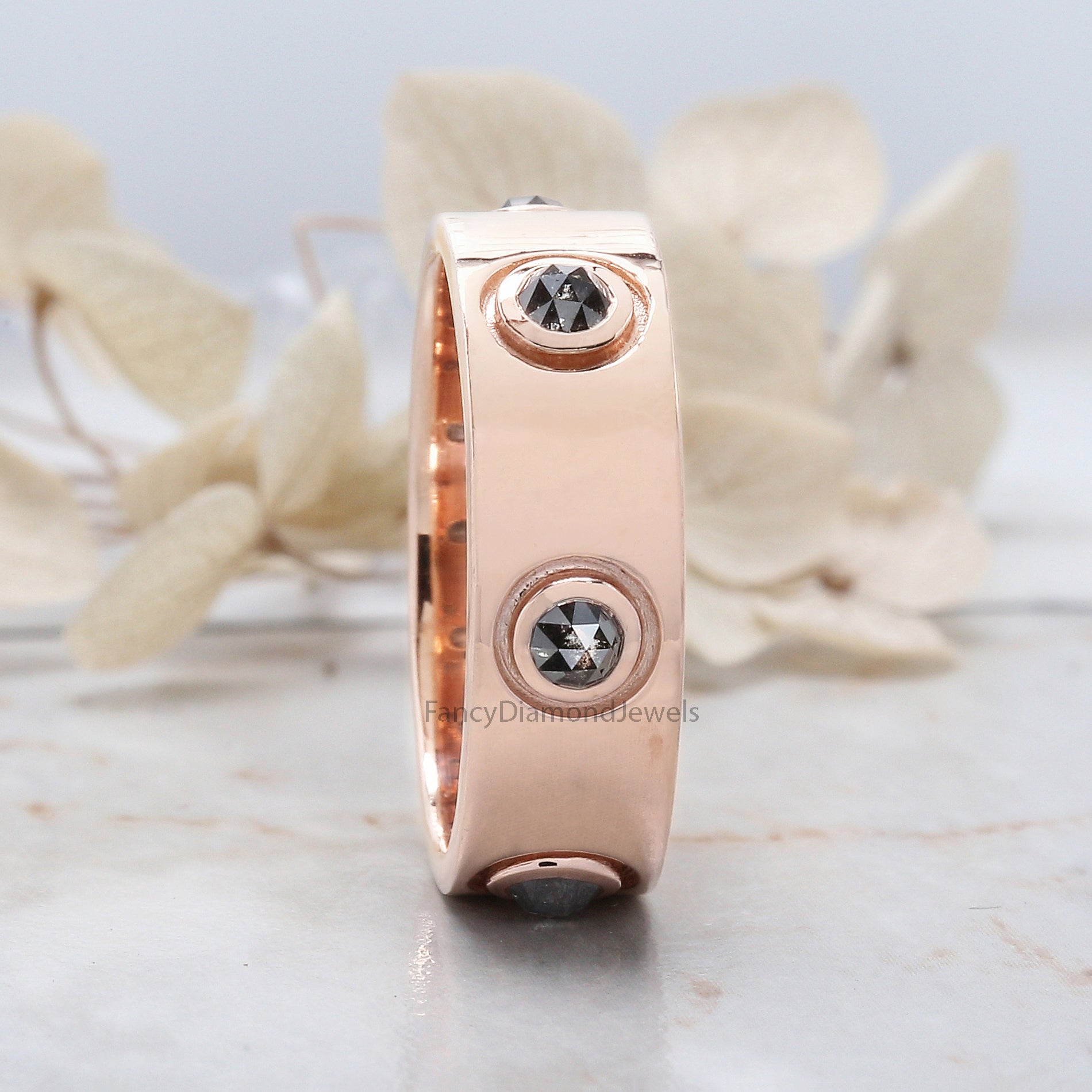 Round Rose Cut Salt And Pepper Diamond Band 1.17 Ct 3.30 MM Round Diamond Band 14K Rose Gold Silver Engagement Band Gift For Him QL6222