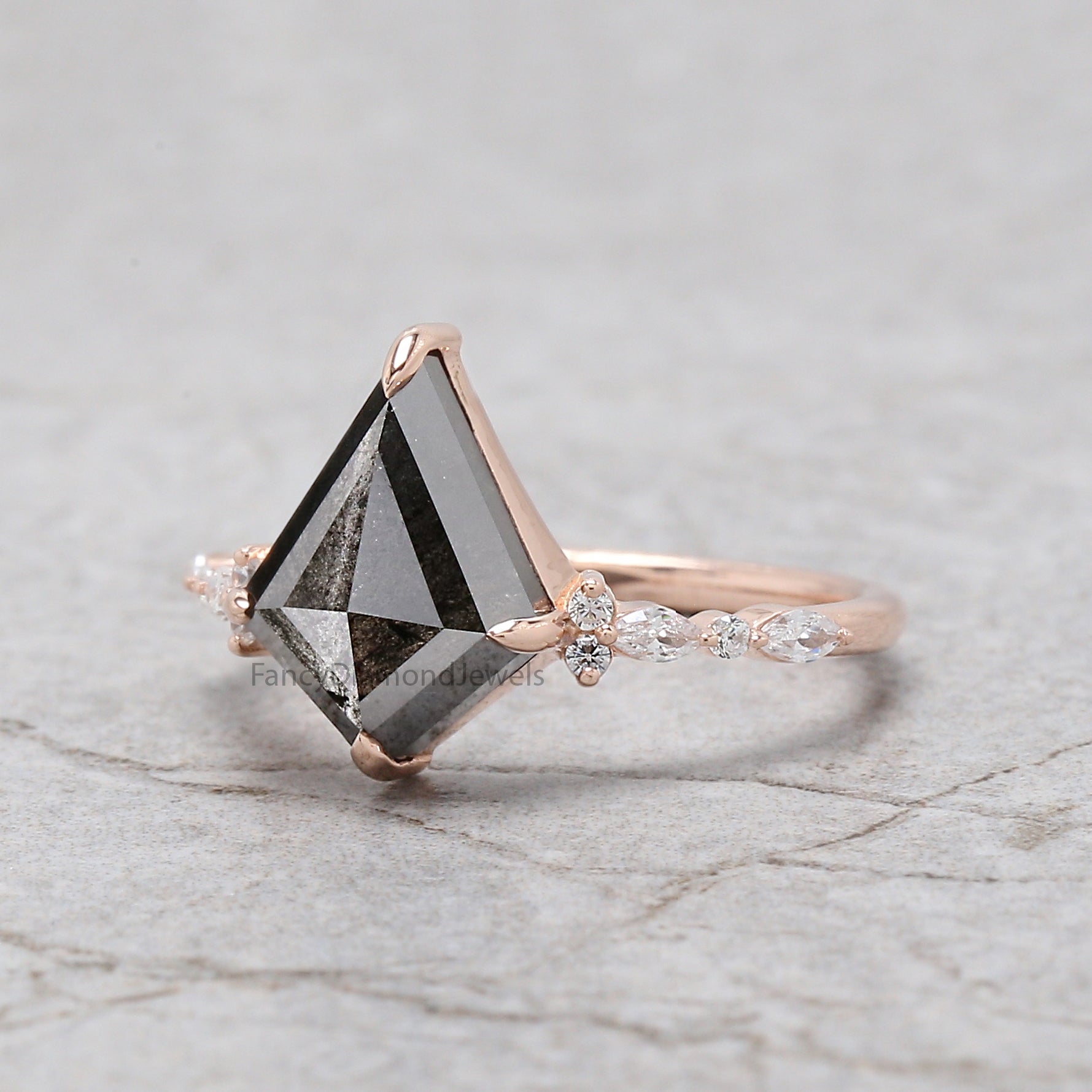 Kite Cut Salt And Pepper Diamond Ring 2.71 Ct 12.03 MM Kite Diamond Ring 14K Solid Rose Gold Silver Kite Engagement Ring Gift For Her QL2121-1
