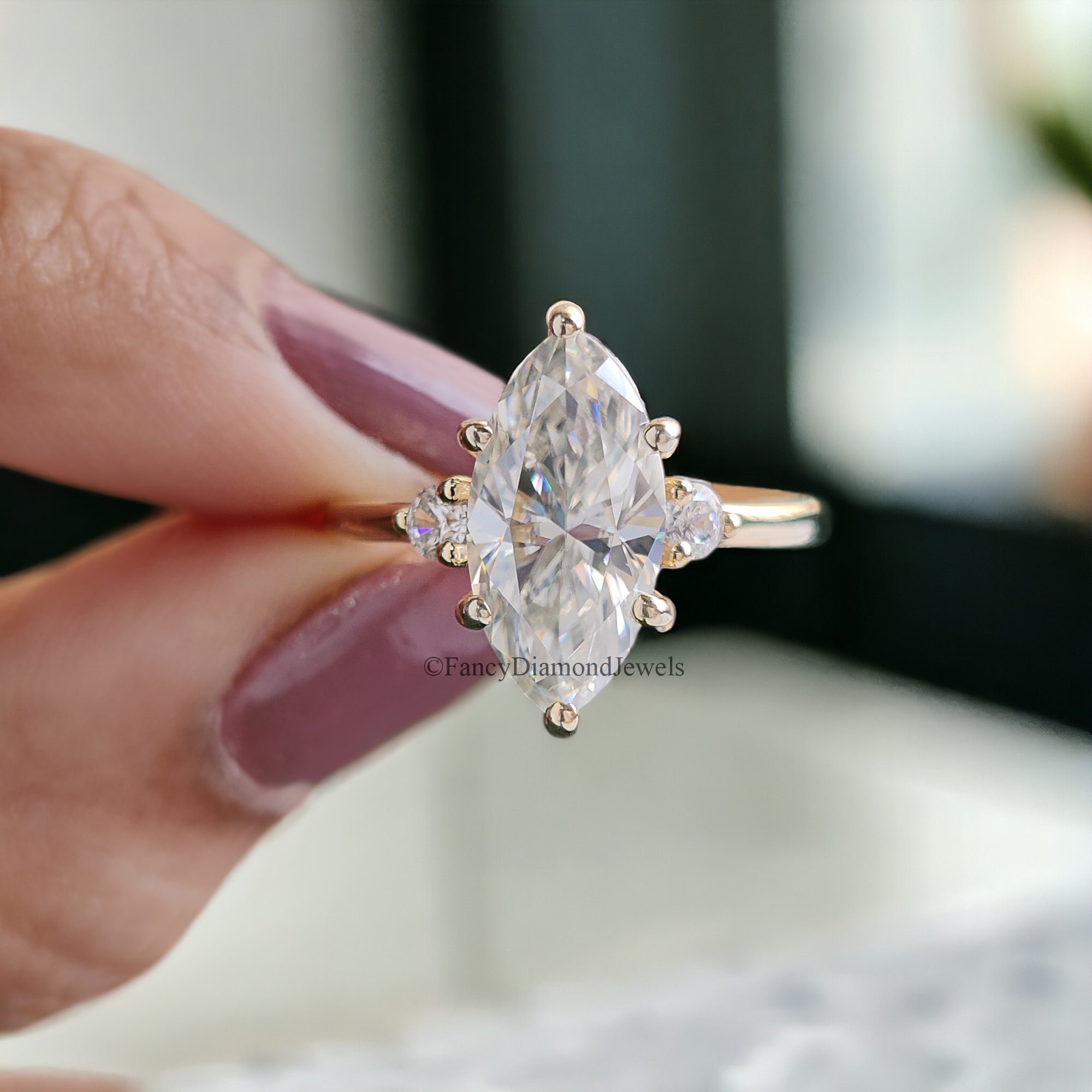 2 Carat Marquise Shape Colorless Engagement Ring With Side Accent Stones Wedding Ring Anniversary Ring 14K Solid Real Yellow Gold Ring FD74