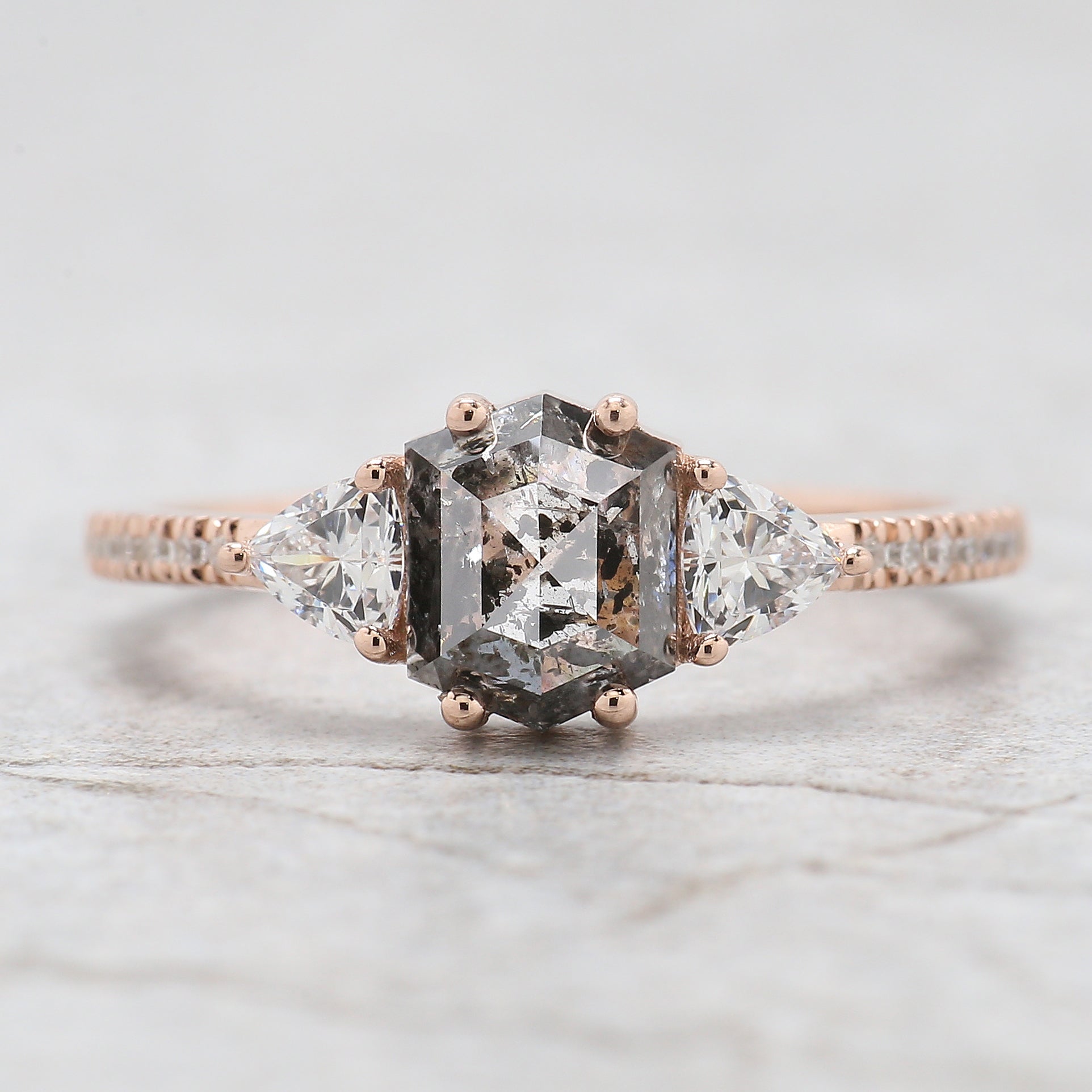Hexagon Cut Salt And Pepper Diamond Ring 1.23 Ct 6.92 MM Hexagon Cut Diamond Ring 14K Rose Gold Silver Engagement Ring Gift For Her QL2743