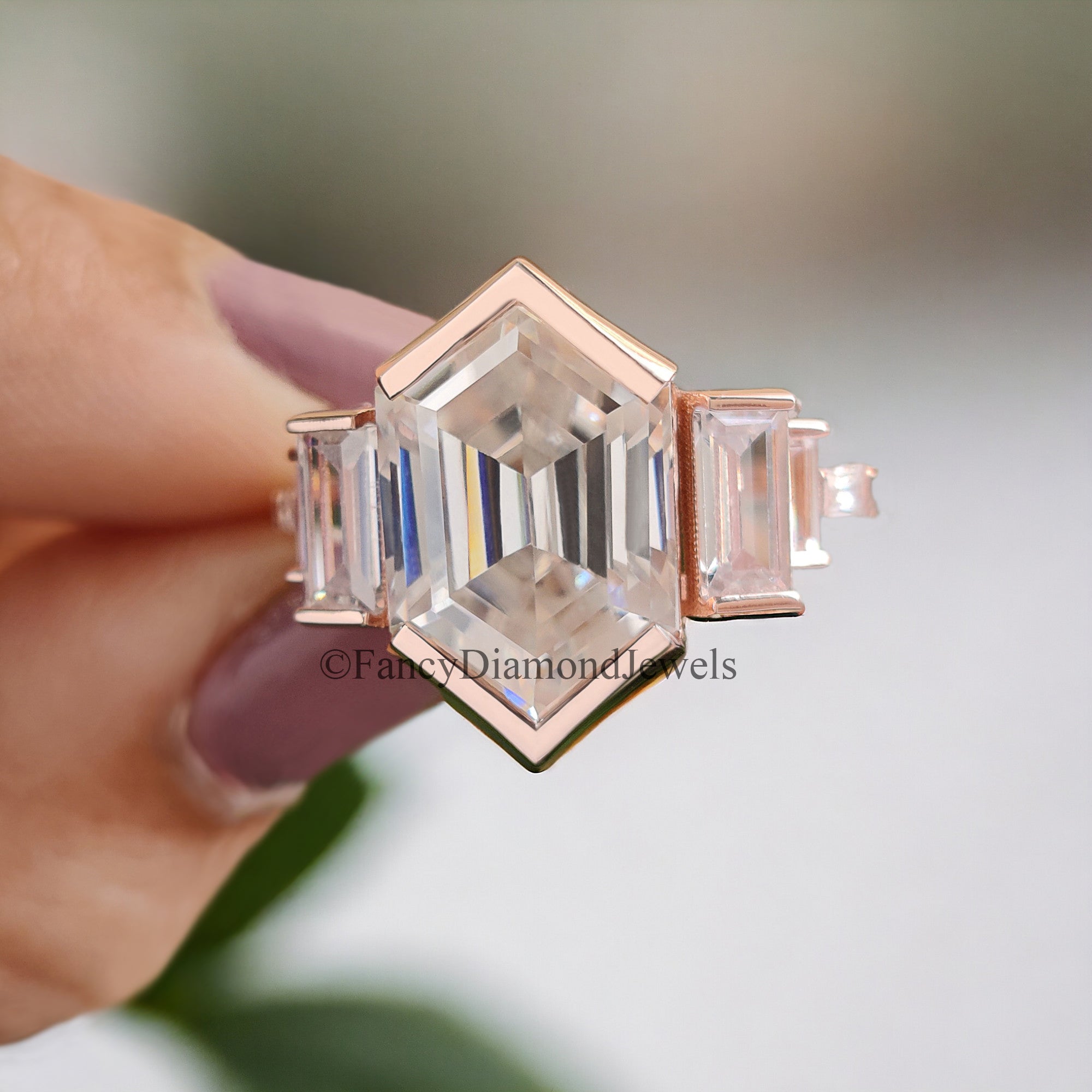 Hexagon Moissanite Engagement Ring Unique Rose Gold Engagement Ring Baguette Ring Bezel Set Art Deco Bridal Promise Anniversary Gift FD66