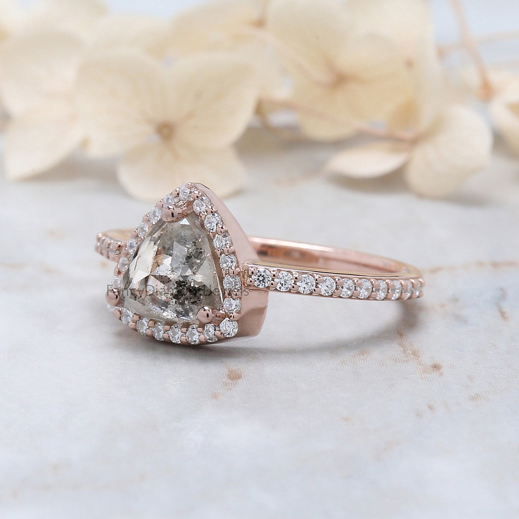 1.35 Ct Natural Triangle Salt And Pepper Diamond Ring 7.10 MM Triangle Diamond Ring 14K Solid Rose Gold Silver Engagement Ring QN8925