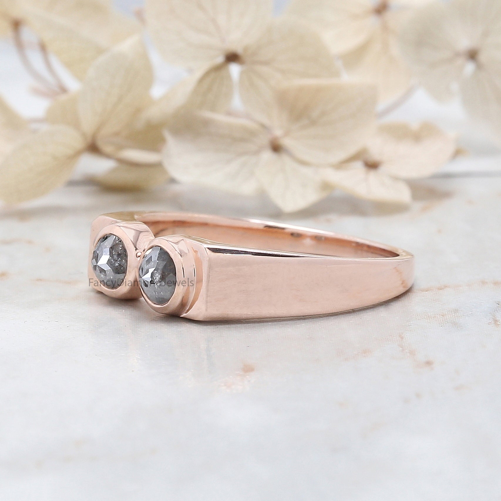 Round Rose Cut Salt And Pepper Diamond Band 0.98 Ct 4.55 MM Round Diamond Band 14K Rose Gold Silver Engagement Band Gift For Him QK2442