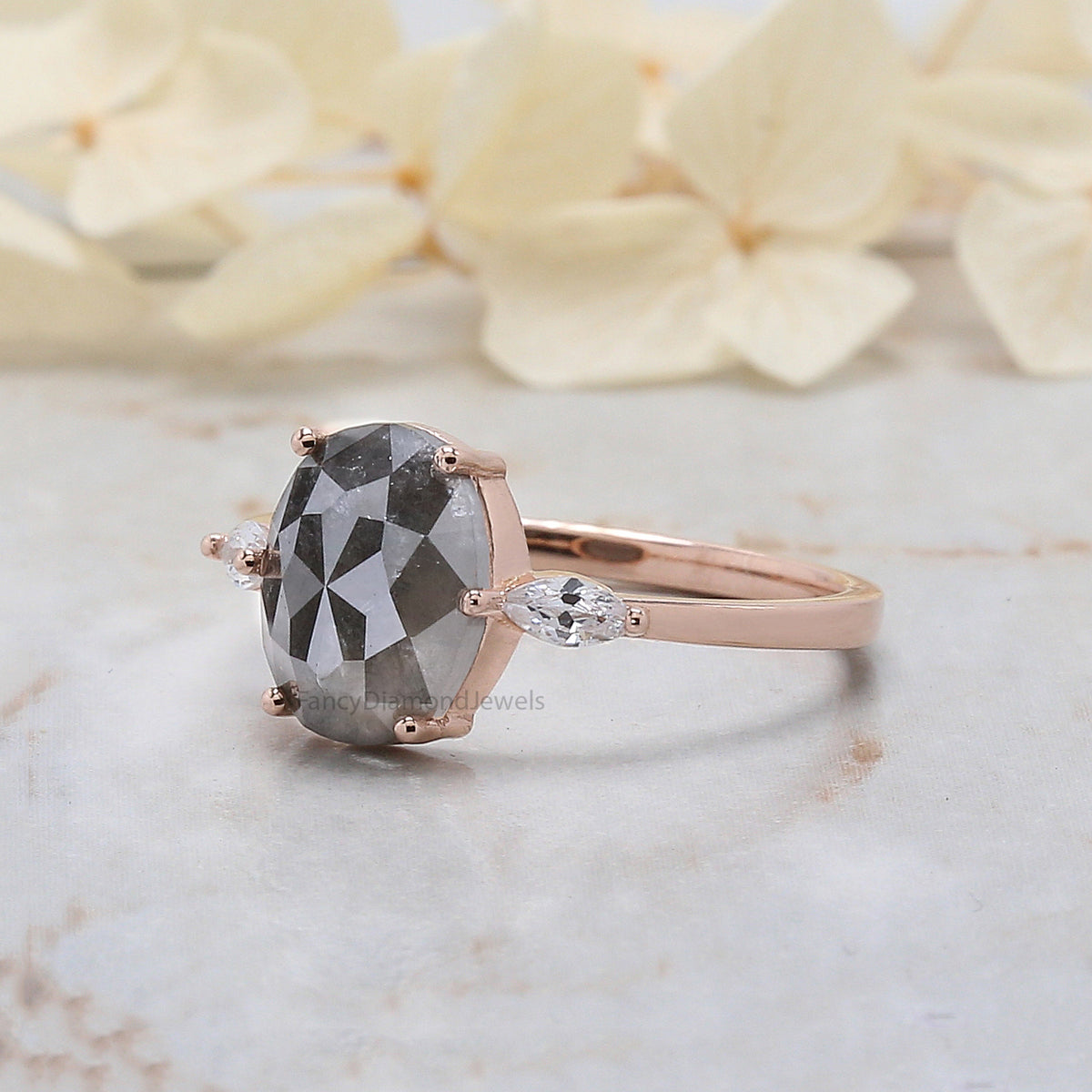 Oval Cut Salt And Pepper Diamond Ring 2.30 Ct 9.35 MM Oval Diamond Ring 14K Solid Rose Gold Silver Oval Engagement Ring Gift For Her QL1110