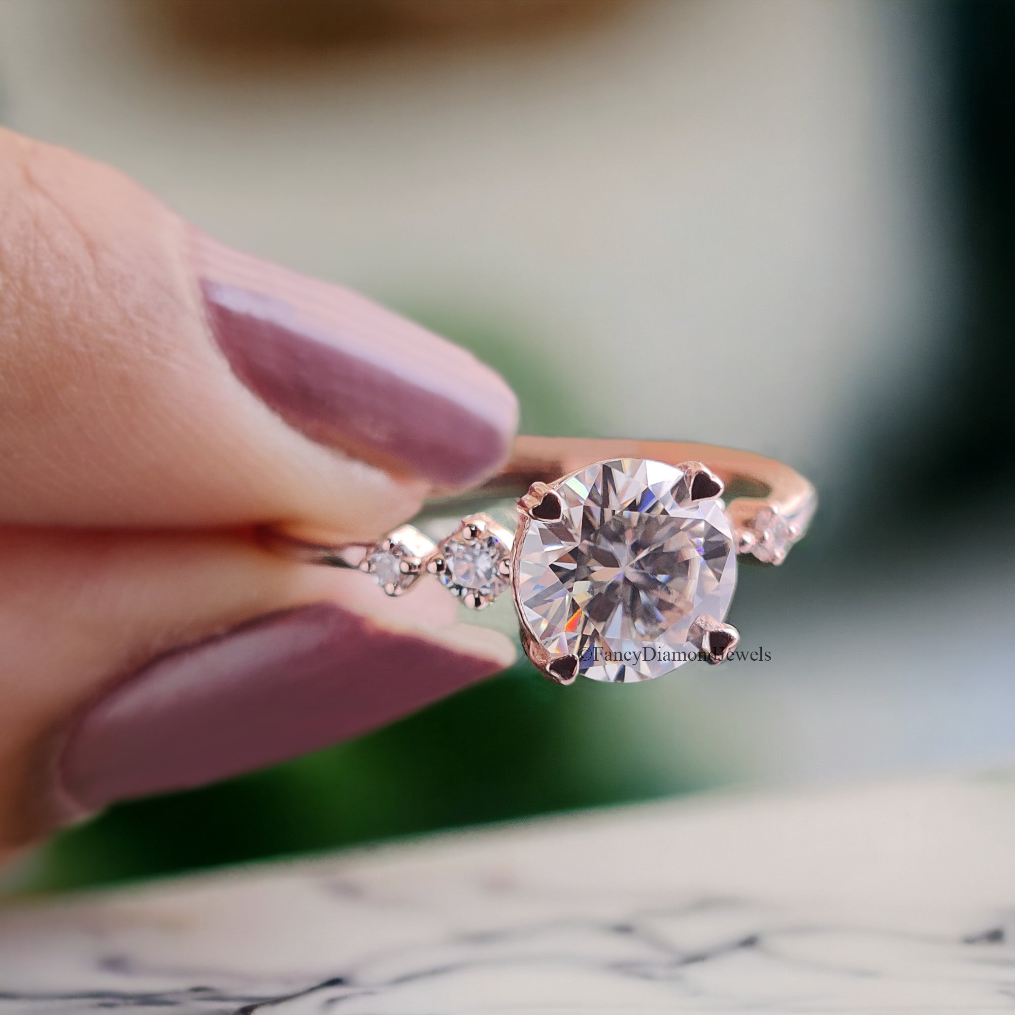 Dainty Engagement Ring 7 MM Round Cut Moissanite Ring 14K Rose Gold Ring Prong Set Ring Stack Ring Promise Bridal Ring Ring For Women FD105