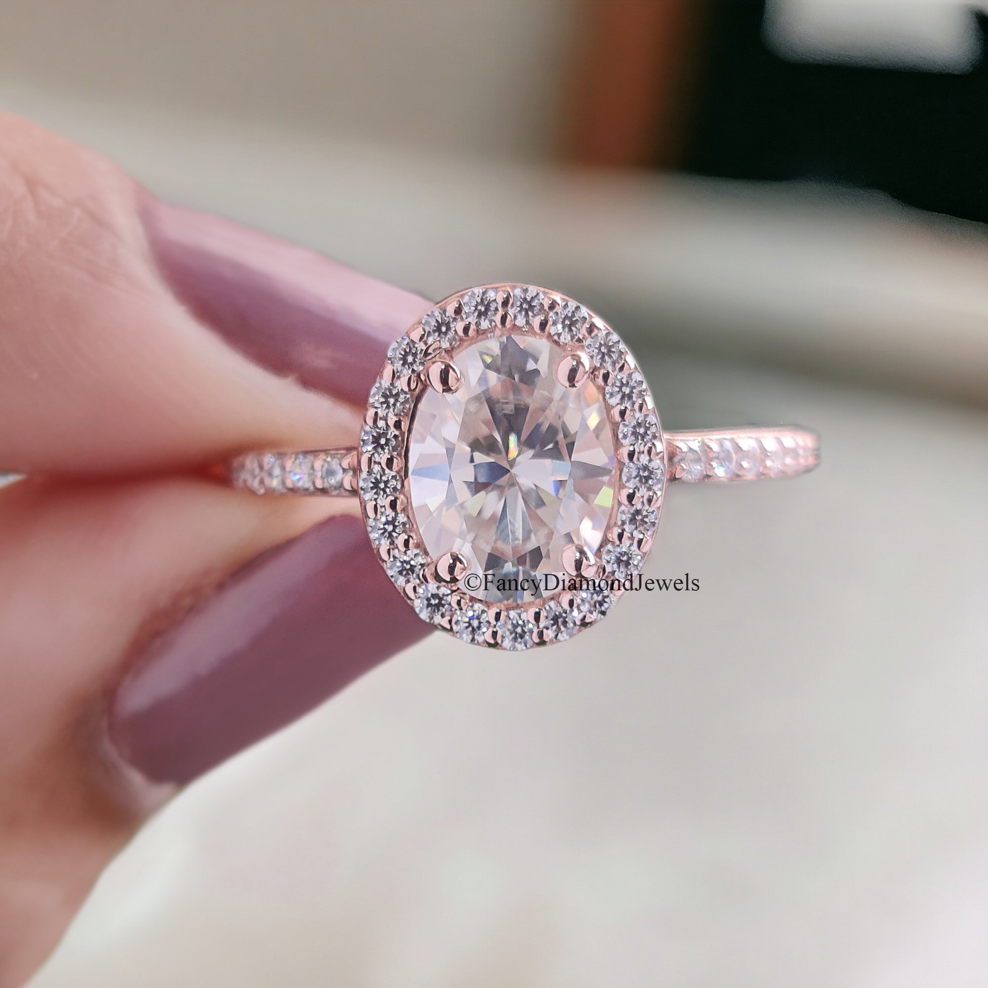 1.05 CT Oval Cut Moissanite Solitaire Ring 14K Rose Gold Engagement Ring Halo Setting Statement Ring Gift For Her Anniversary Ring FD93