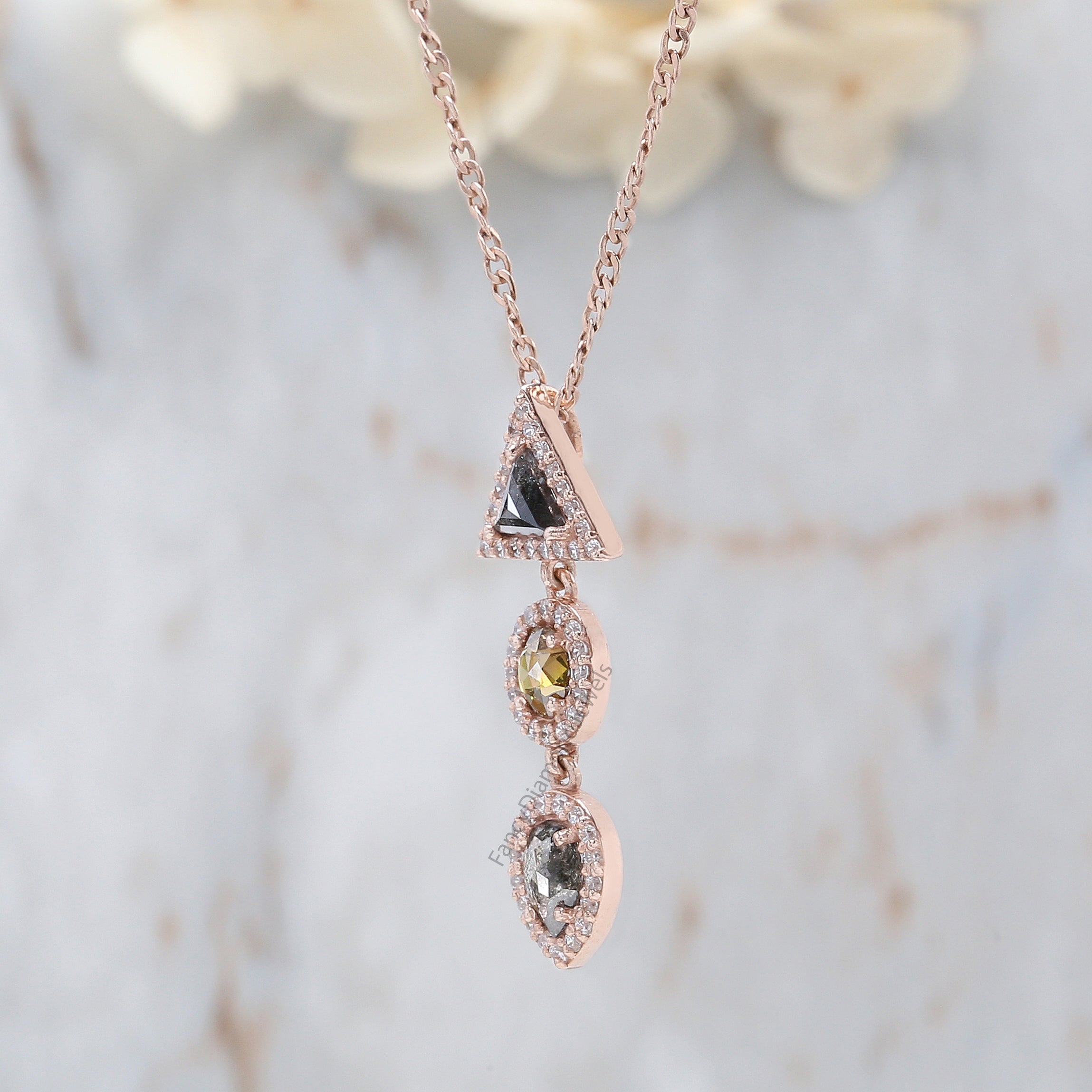 Mix Shape Black Grey Diamond Pendant 0.71 Ct 5.35 MM Mix Shape Diamond Pendant 14K Solid Rose Gold Engagement Pendant Gift For Her QL1186