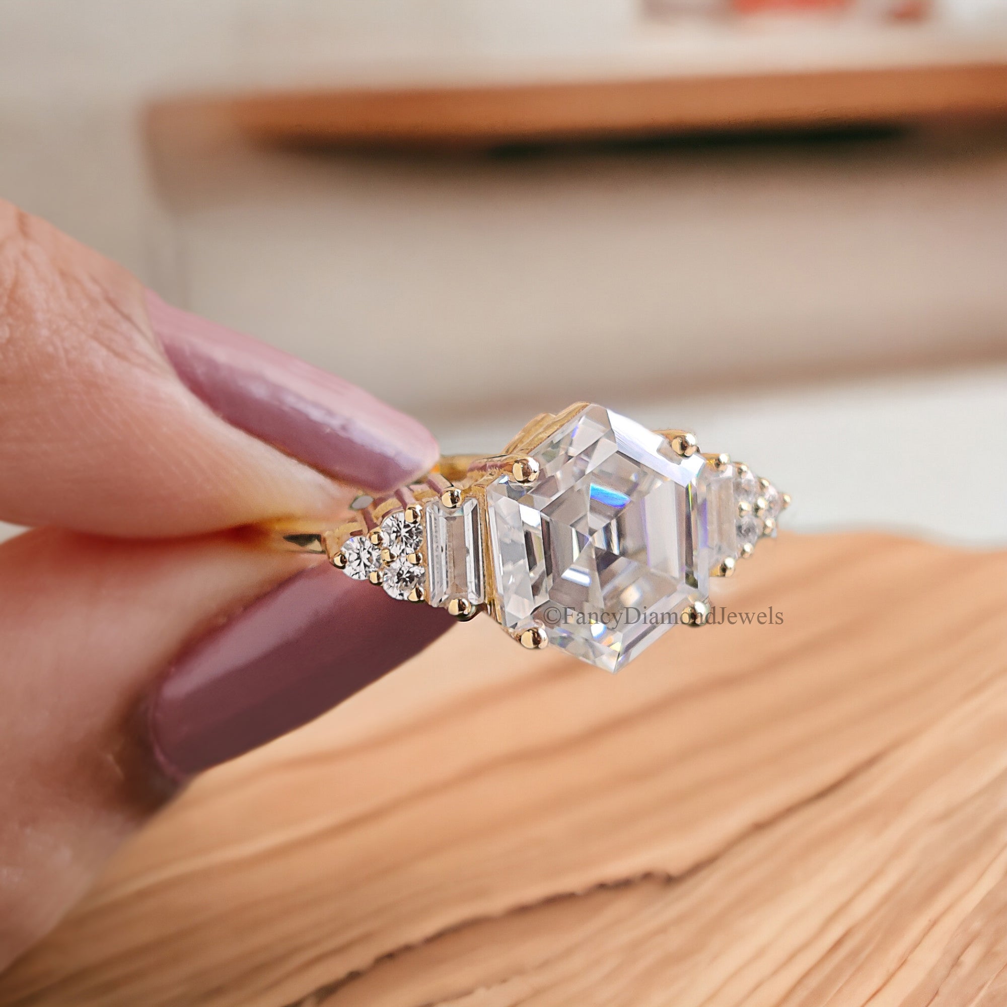 3.00 CT Antique Hexagon Moissanite Engagement Ring Baguette And Round Ring Ring For Gifting Wedding Ring Anniversary Gift Ring Her FD170