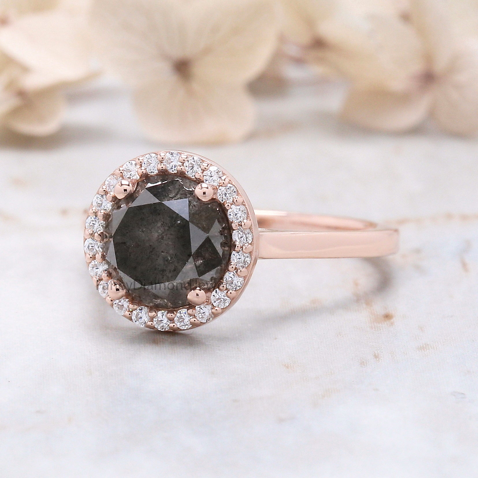 Round Cut Salt And Pepper Diamond Ring 2.68 Ct 7.80 MM Round Diamond Ring 14K Solid Rose Gold Silver Engagement Ring Gift For Her QK1989