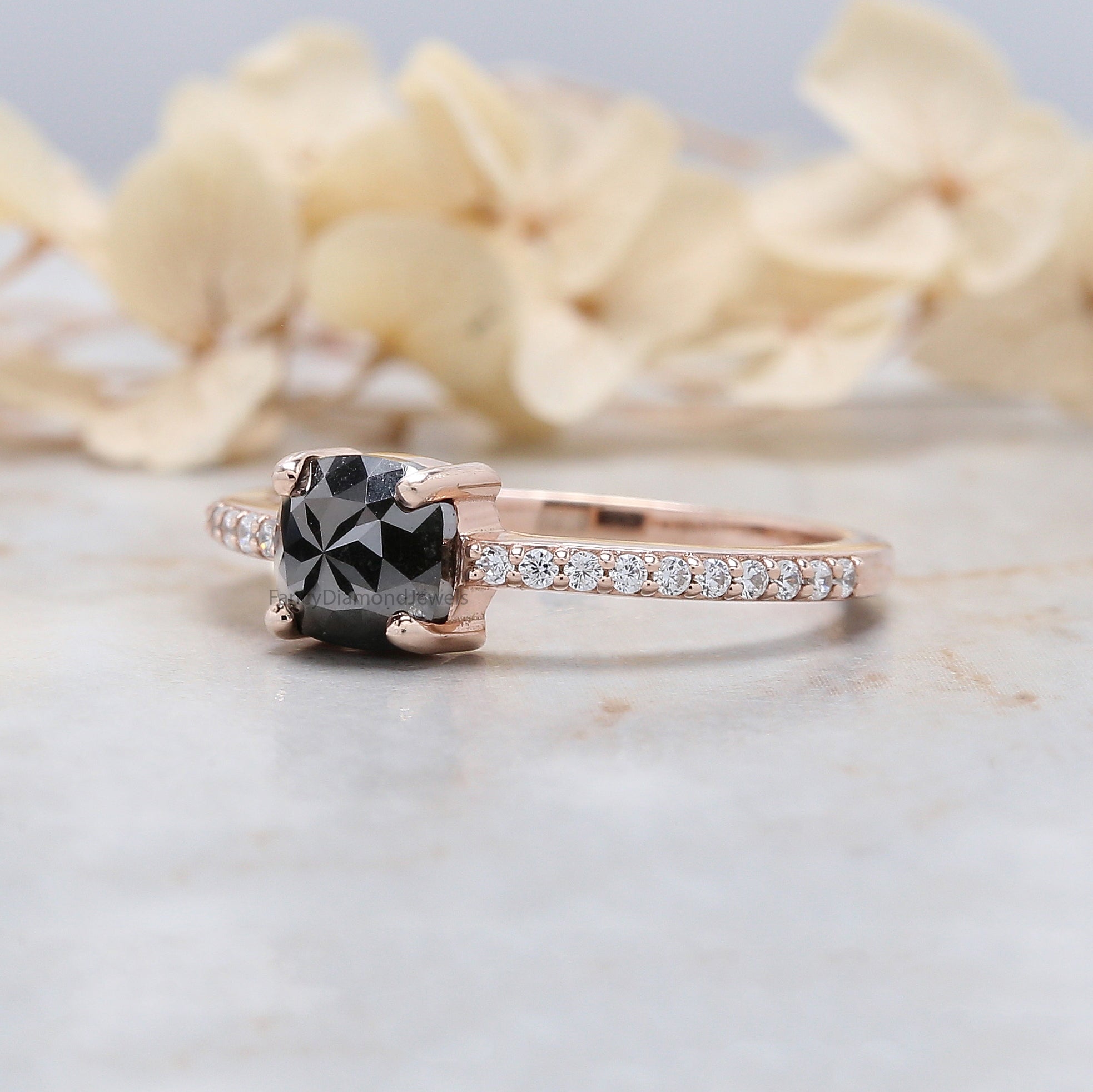 Cushion Black Color Diamond Ring 1.07 Ct 5.90 MM Cushion Shape Diamond Ring 14K Solid Rose Gold Silver Engagement Ring Gift For Her QN2524