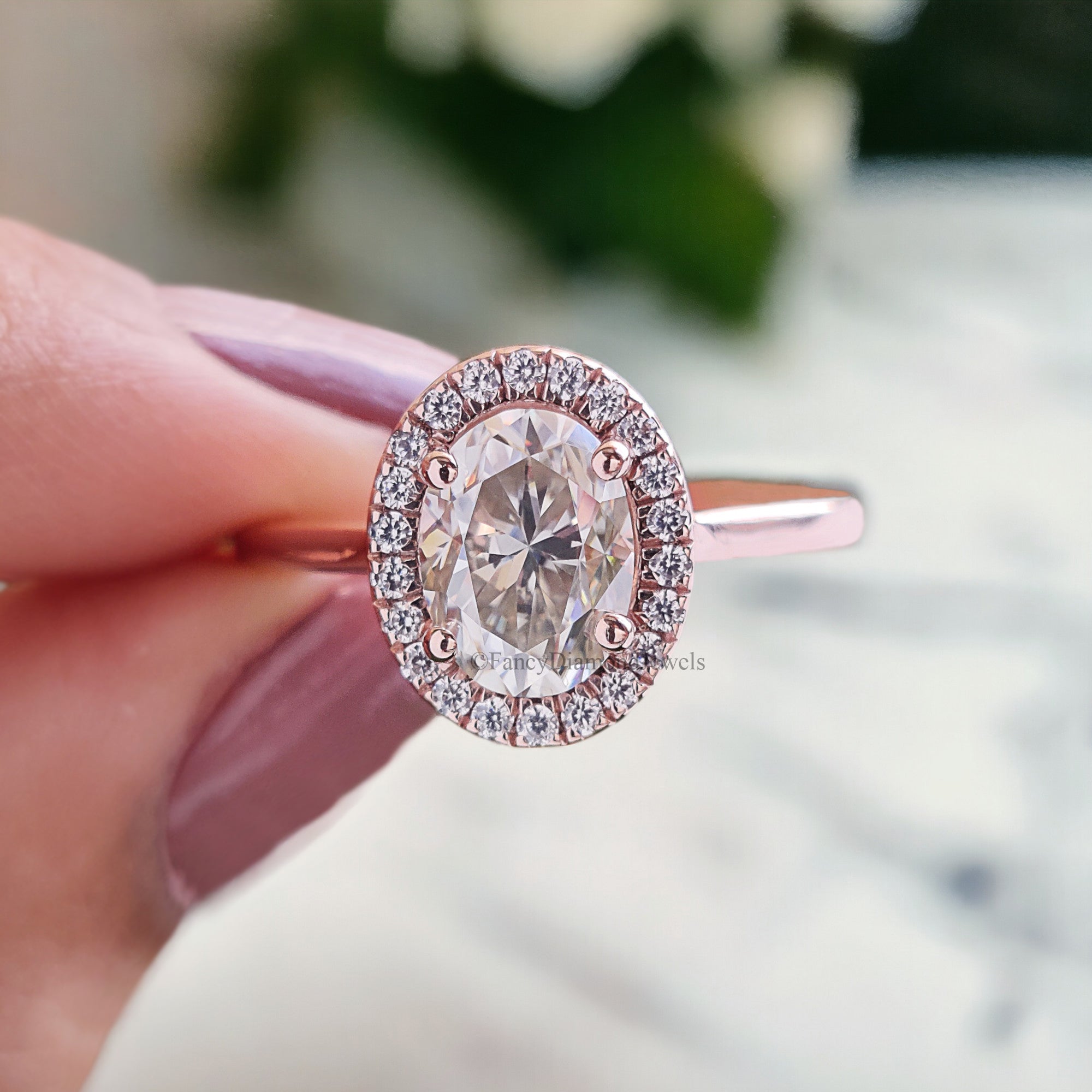 1.45 CT Oval Cut Moissanite Solitaire Ring 14K Rose Gold Engagement Ring Halo Setting Statement Ring Gift For Her Anniversary Ring FD154
