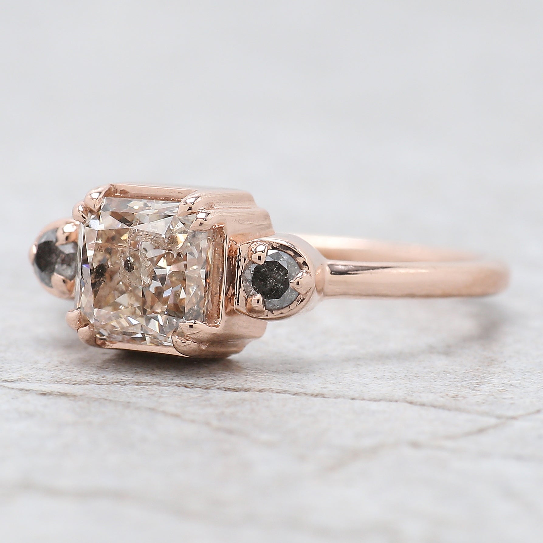 Radiant Salt And Pepper Diamond Ring 1.43 Ct 5.97 MM Radiant Diamond Ring 14K Solid Rose Gold Silver Engagement Ring Gift For Her QL2662