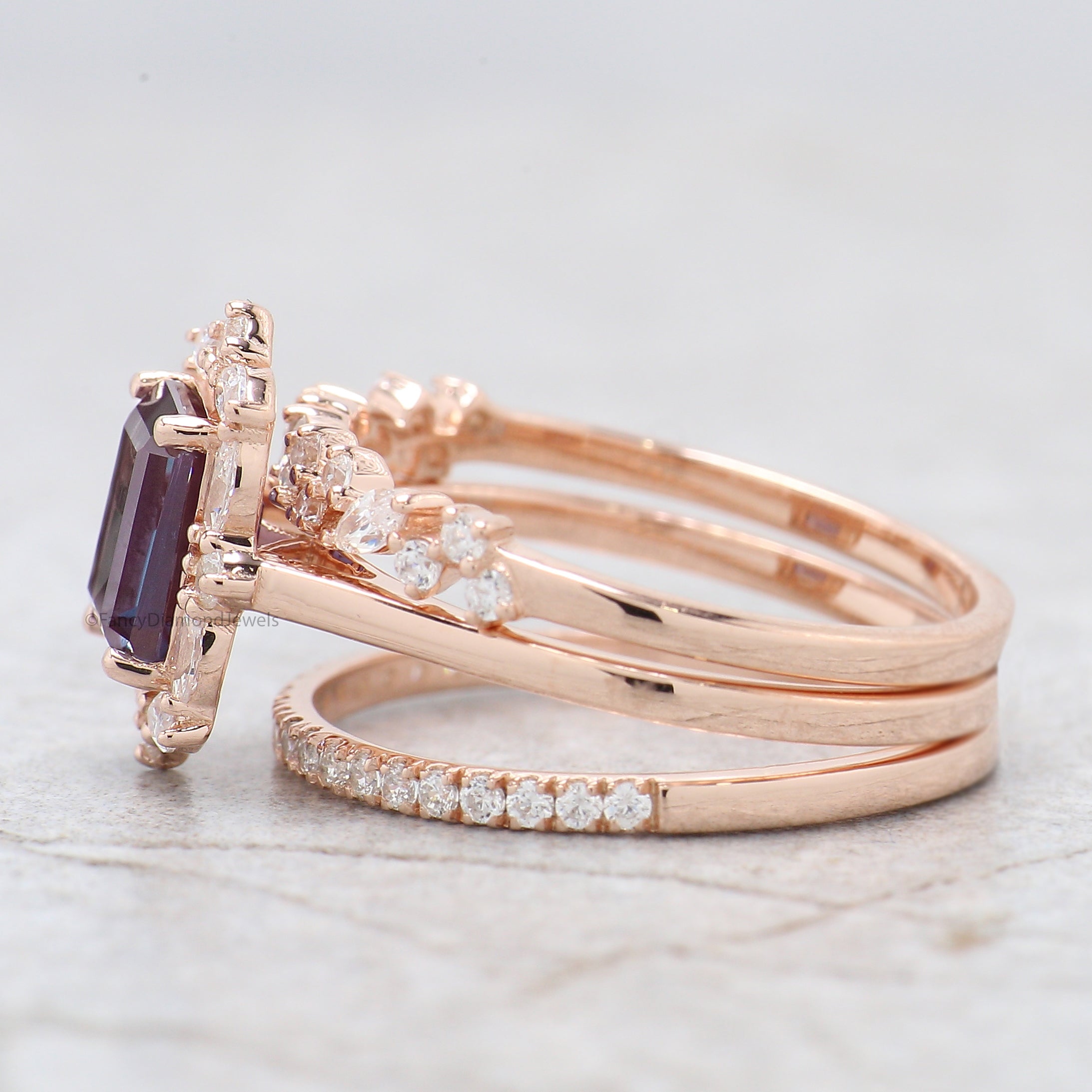 1.45 CT Emerald Cut Lab Alexandrite Engagement Ring Set Unique art deco Marquise halo Starburst Ring Round wedding ring Gift For Her FD417