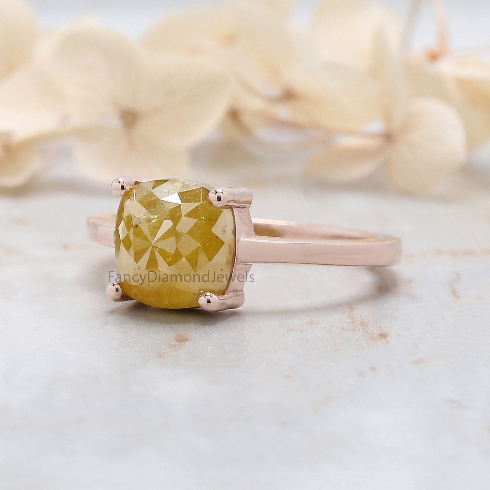 Cushion Shape Yellow Color Diamond Ring 2.94 Ct 7.70 MM Cushion Diamond Ring 14K Solid Rose Gold Silver Engagement Ring Gift For Her QL6112