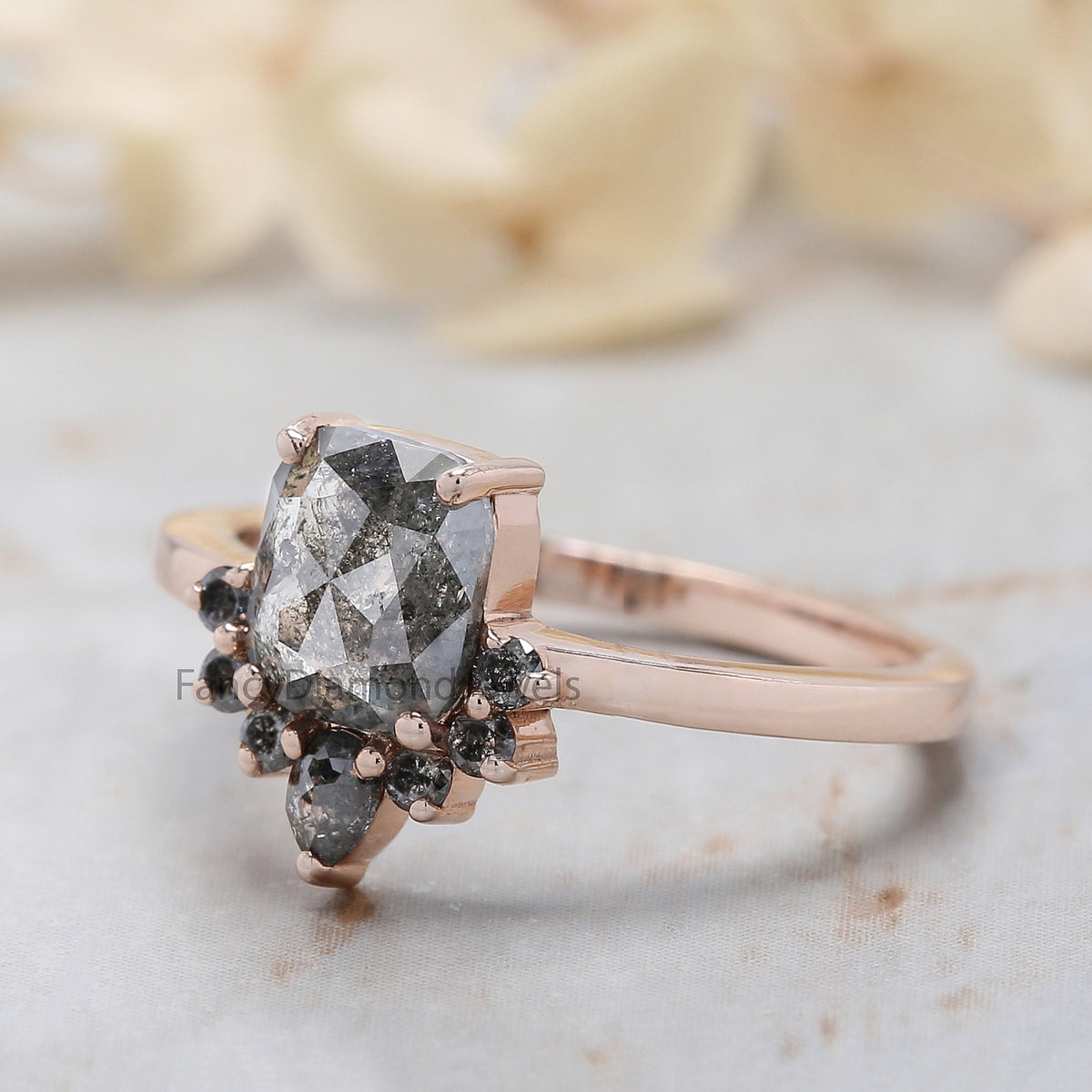 Cushion Cut Salt And Pepper Diamond Ring 1.30 Ct 6.85 MM Cushion Diamond Ring 14K Solid Rose Gold Silver Engagement Ring Gift For Her QL531