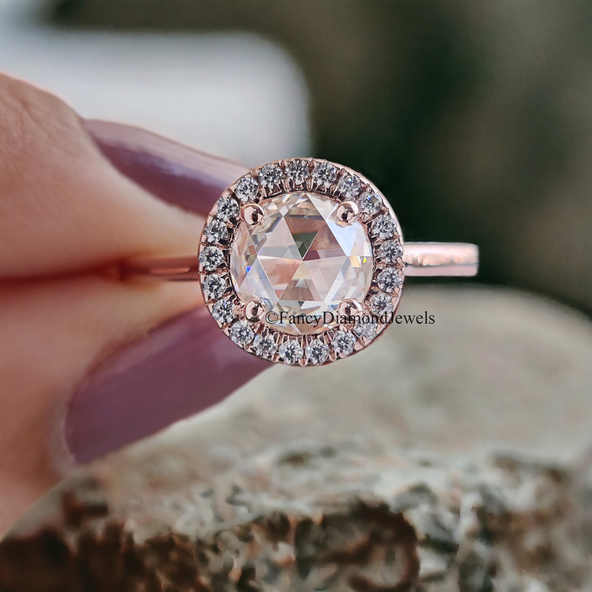 1.00 CT Round Rose Cut Colorless Moissanite Ring Halo With Micro Setting Engagement Ring Wedding Ring Anniversary Ring Bridal Ring FD97