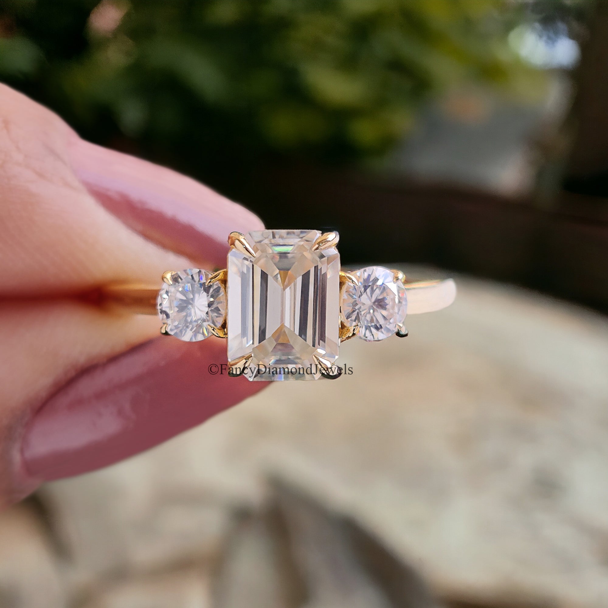 Three Stone Ring Emerald With Side Round 1.00 CT Colorless Emerald Moissanite Engagement Ring Wedding Ring Yellow Gold Designer Ring FD102