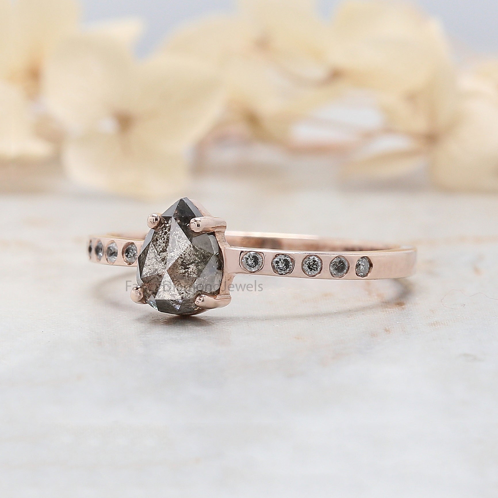 Pear Cut Salt And Pepper Diamond Ring 0.91 Ct 6.90 MM Pear Diamond Ring 14K Solid Rose Gold Silver Pear Engagement Ring Gift For Her QL3095