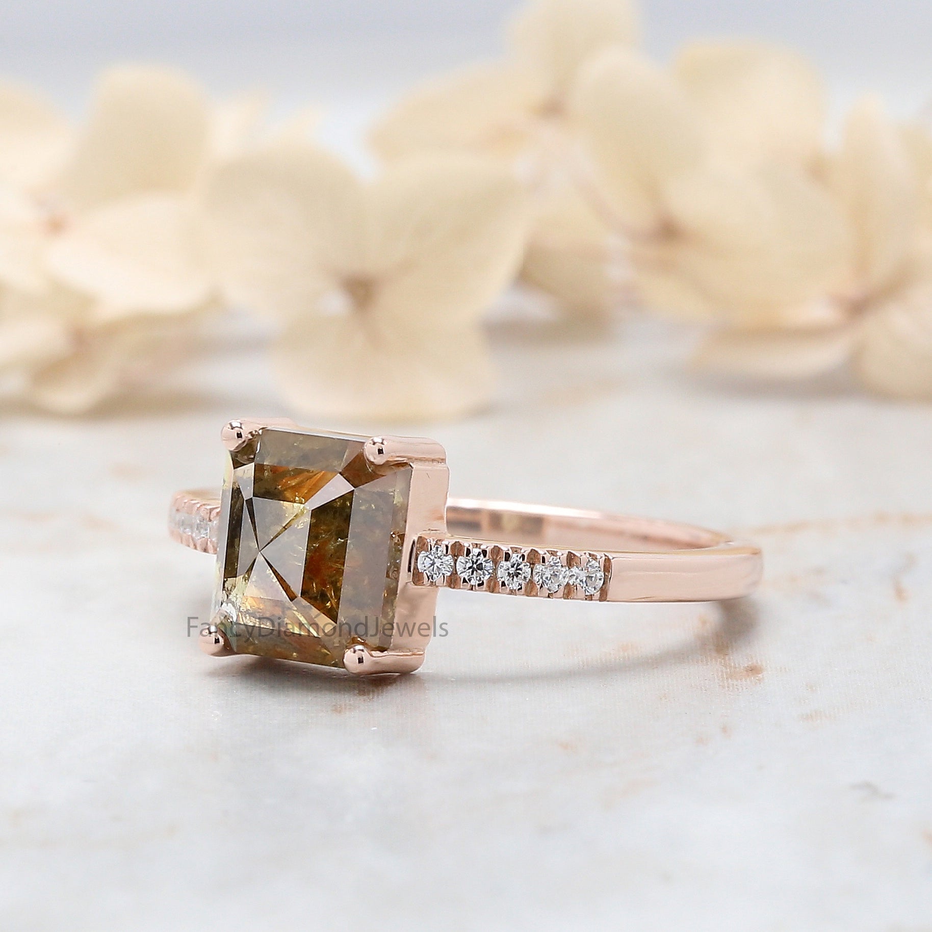 Radiant Cut Brown Color Diamond Ring 1.46 Ct 7.60 MM Radiant Diamond Ring 14K Solid Rose Gold Silver Engagement Ring Gift For Her QN9224