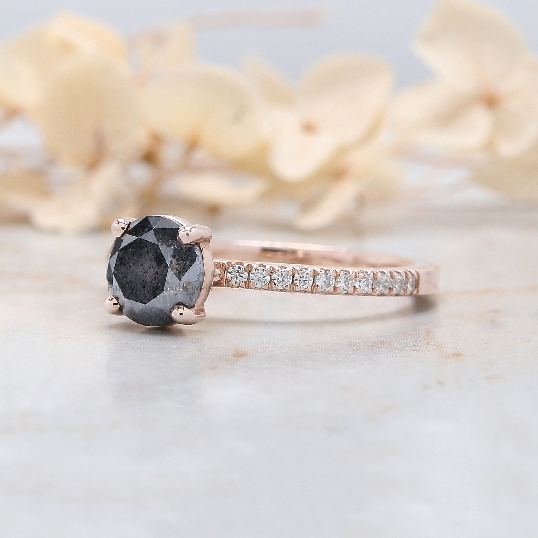 Round Cut Salt And Pepper Diamond Ring 1.25 Ct 6.40 MM Round Diamond Ring 14K Solid Rose Gold Silver Engagement Ring Gift For Her QL8301