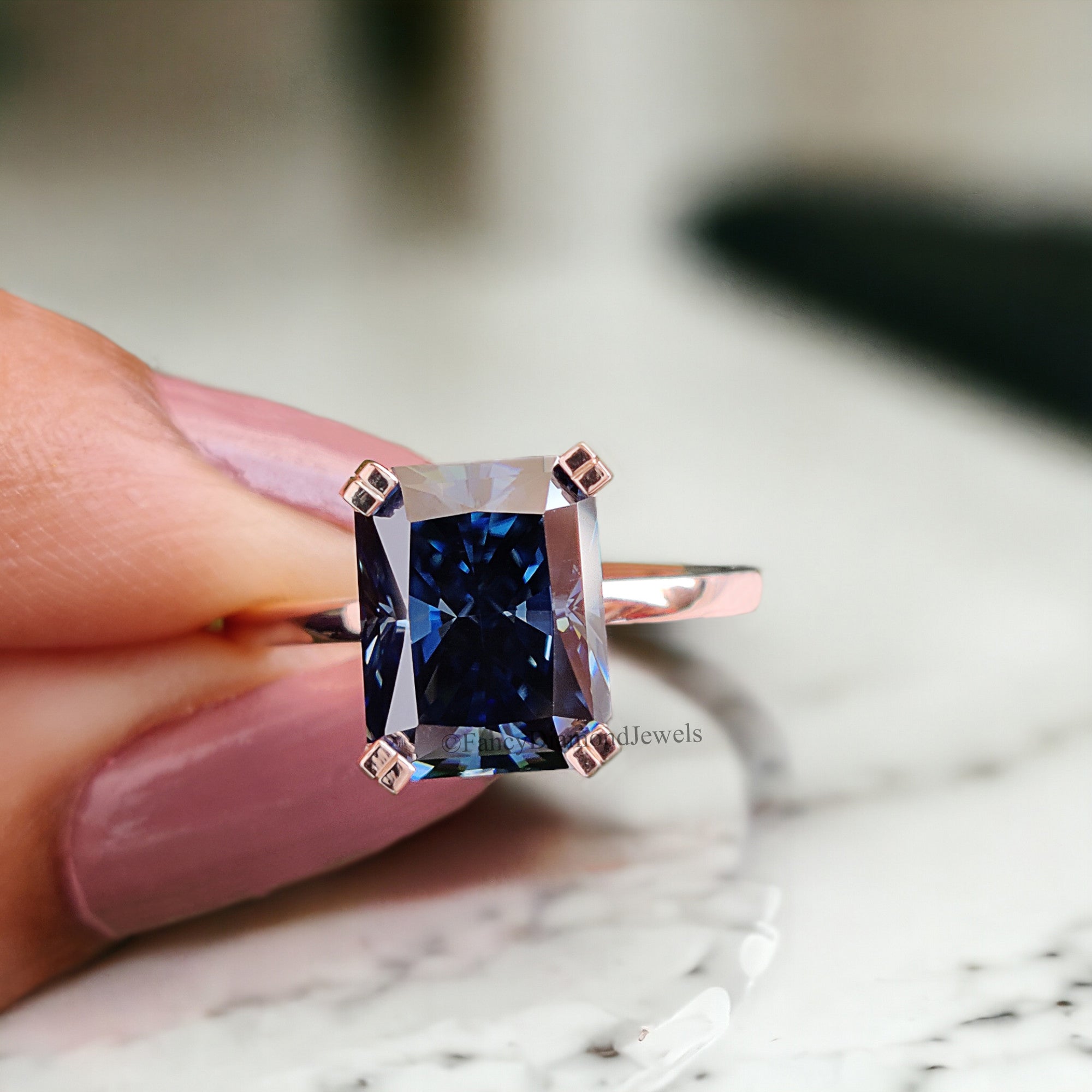 2.90 CT Royal Blue Radiant Ring Moissanite Ring Double Claw Prong Set Ring 14 KT Solid Rose Gold Ring Engagement Ring Wedding Ring FD169