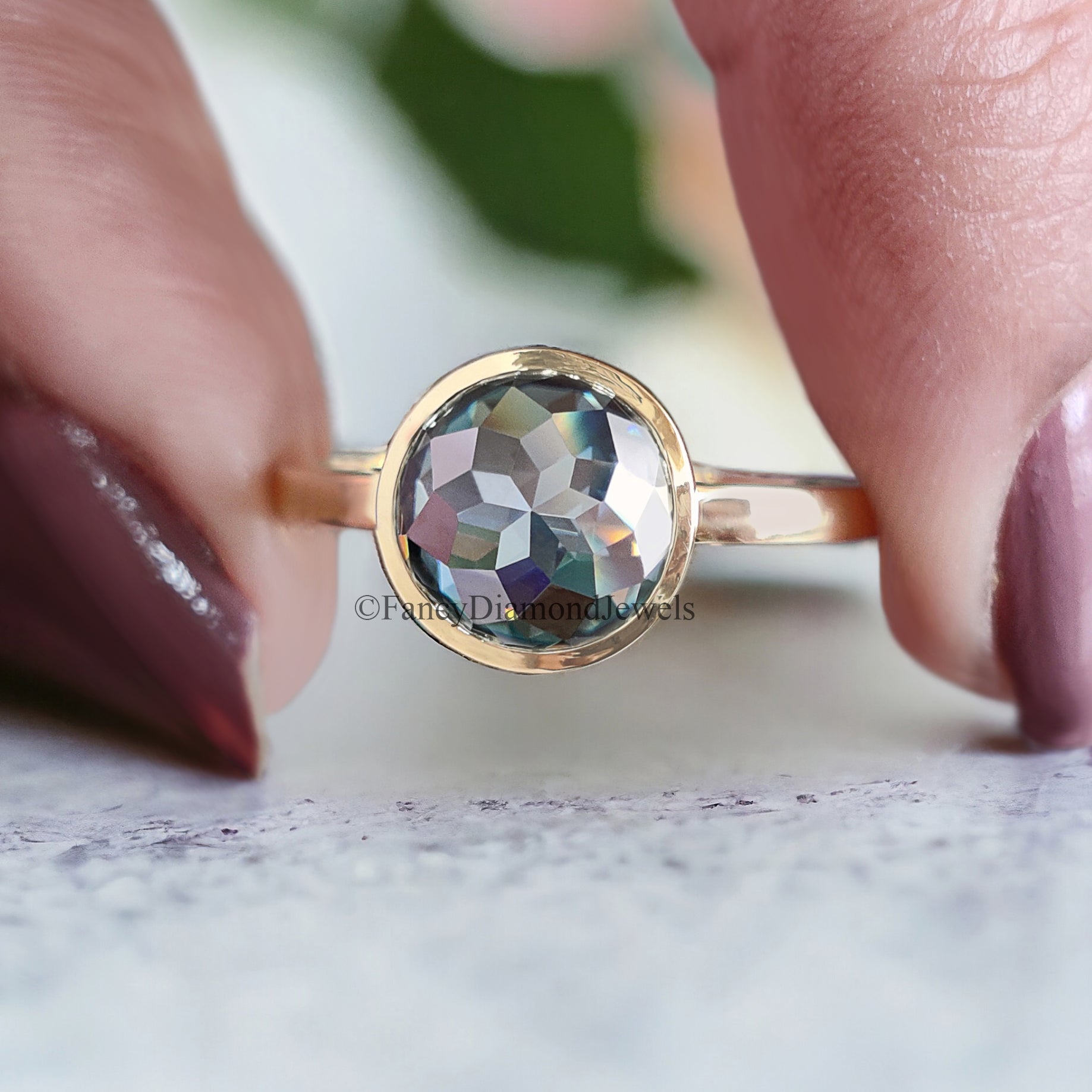 Round Rose Cut Moissanite Bezel Set Engagement Ring 2.35 ct Blue Green Moissanite Round Rose Cut Yellow Gold Silver Ring Gift For Her FD55