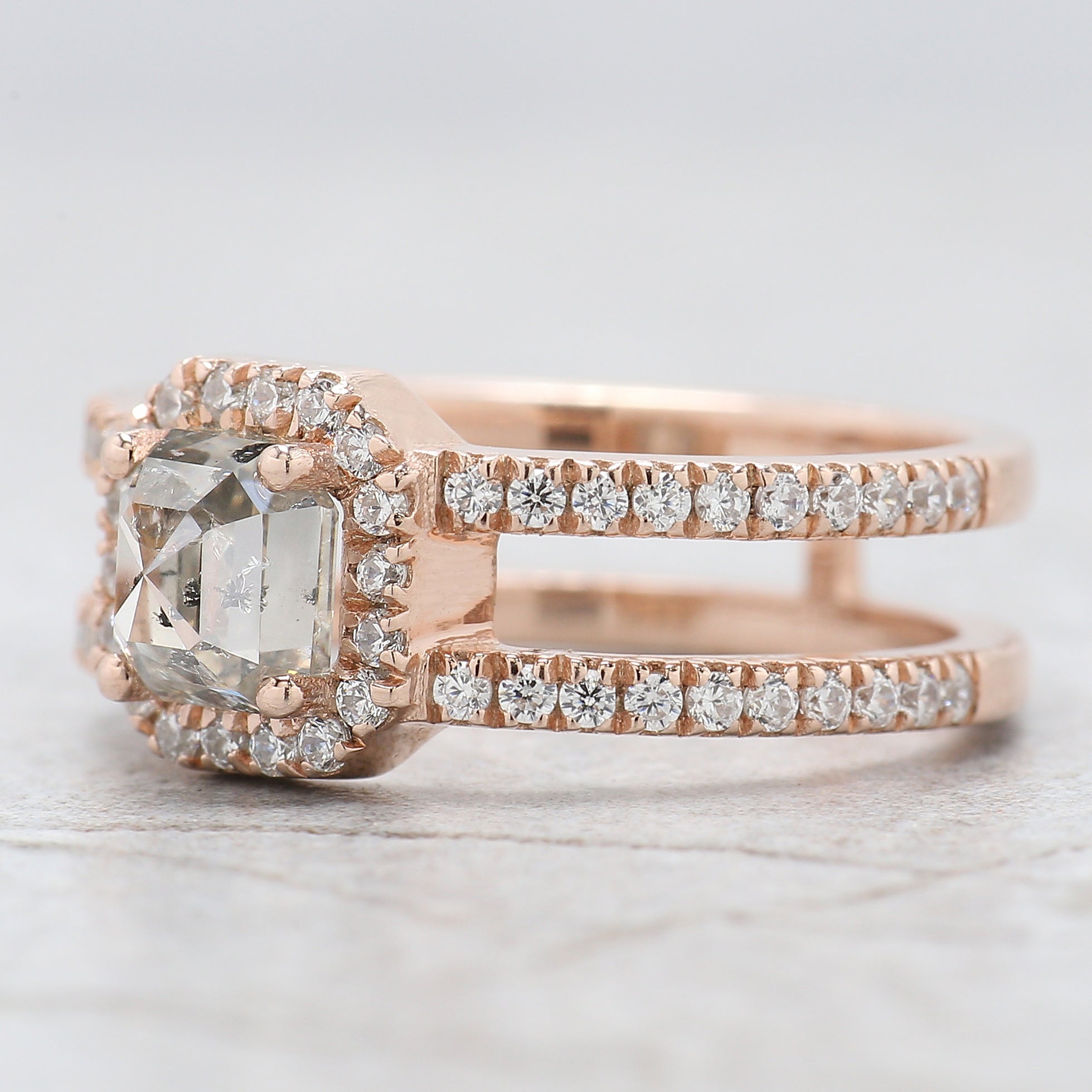 Emerald Salt And Pepper Diamond Ring 1.18 Ct 5.66 MM Emerald Diamond Ring 14K Solid Rose Gold Silver Engagement Ring Gift For Her QL2627