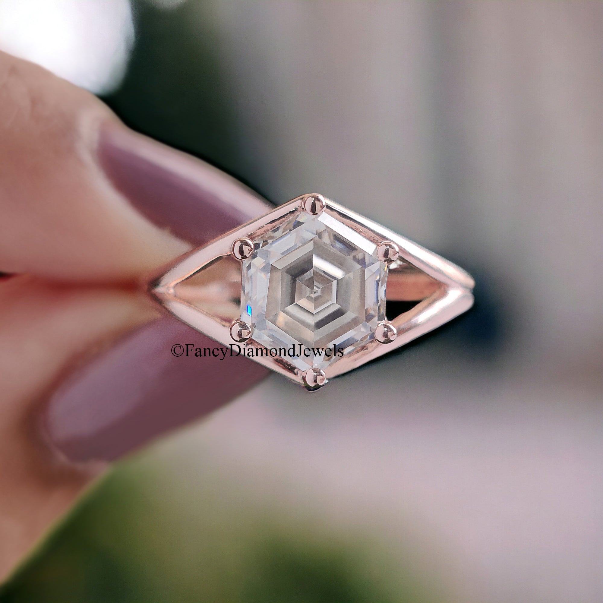 1.65 CT Hexagon Step Cut Colorless Moissanite Engagement Ring Six Round Prongs Solid Gold Wedding Ring Vintage Style Solitaire Ring FD91
