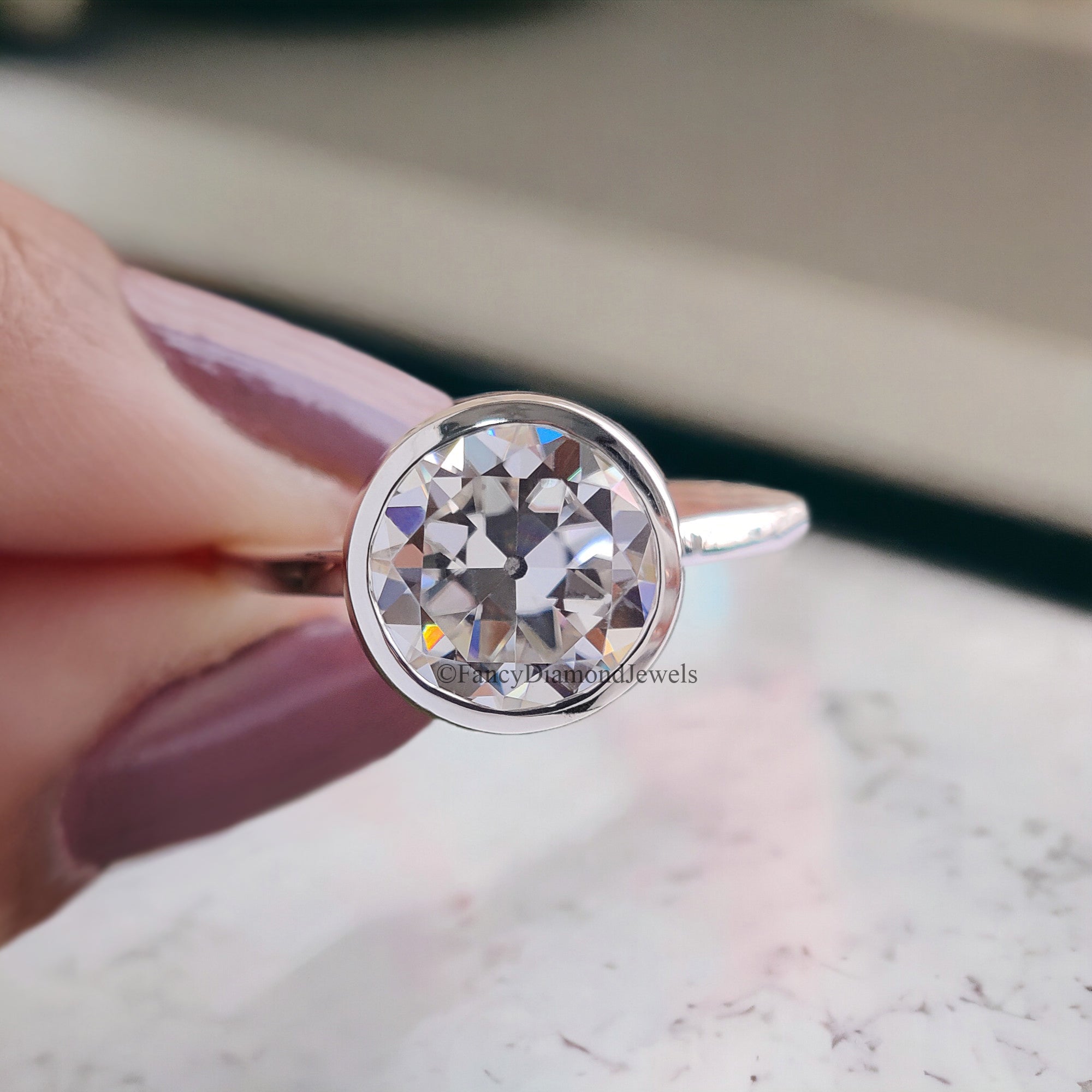 Old European Cut Engagement Ring White Gold Ring Round Moissanite Ring 2 CT Moissanite Bezel Setting Ring Promise Rings Gift For Her FD108