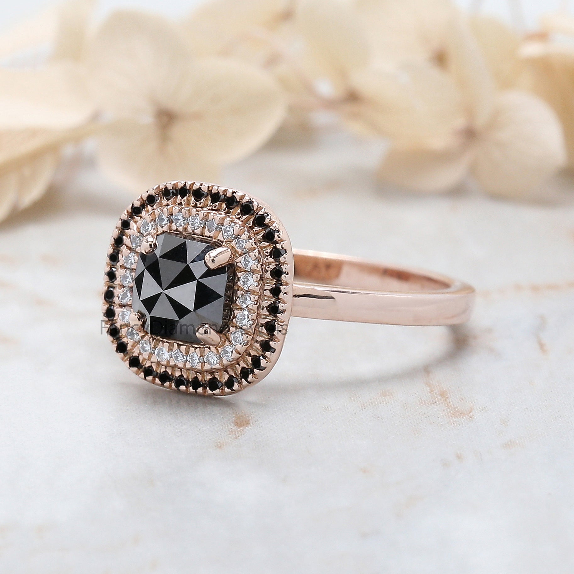 Cushion Shape Black Color Diamond Ring 1.02 Ct 5.80 MM Cushion Diamond Ring 14K Solid Rose Gold Silver Engagement Ring Gift For Her QN2518