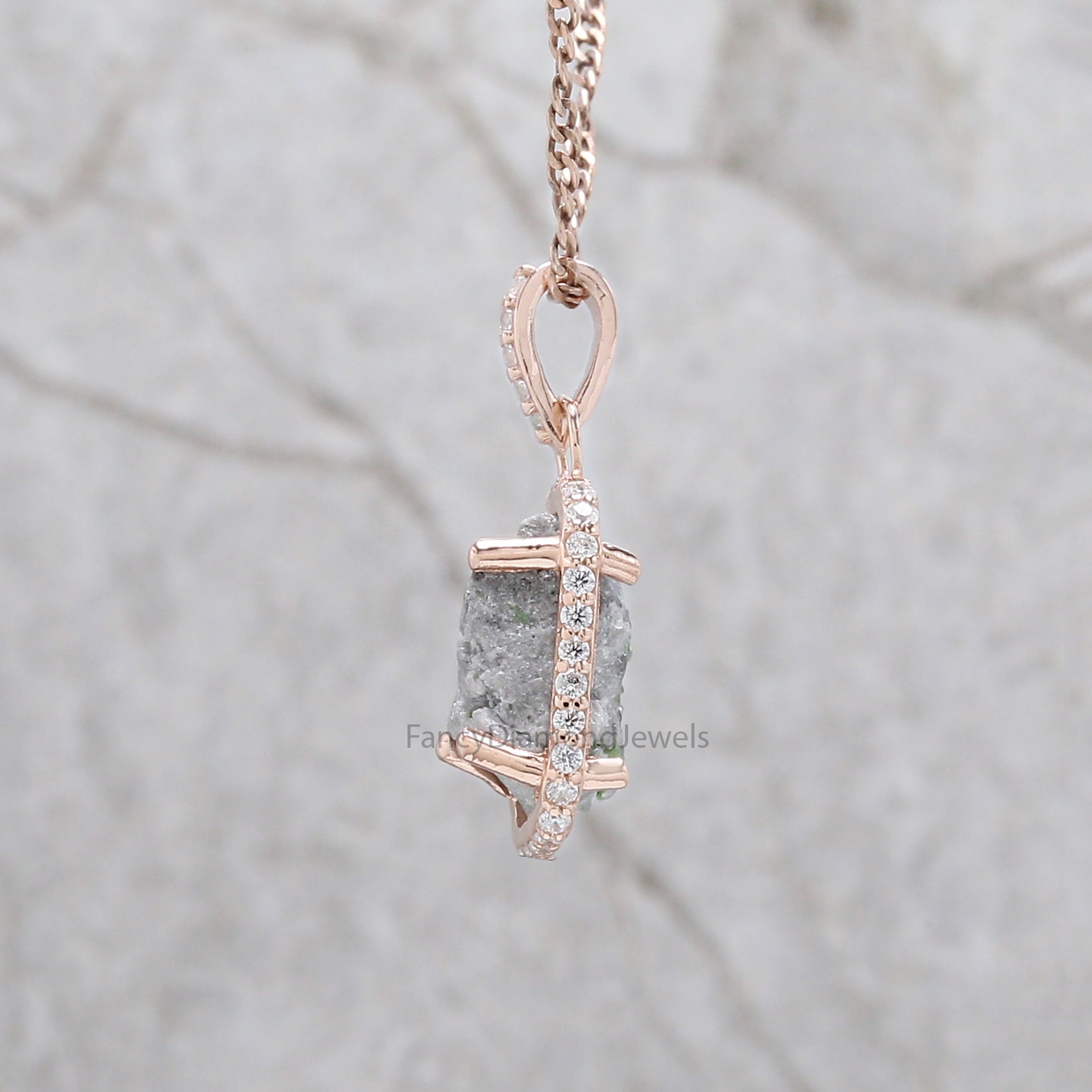 Rough Grey Color Diamond Pendant 5.56 Ct 12.06 MM Uncut Diamond Pendant 14K Solid Rose Gold Silver Engagement Pendant Gift For Her QL2791
