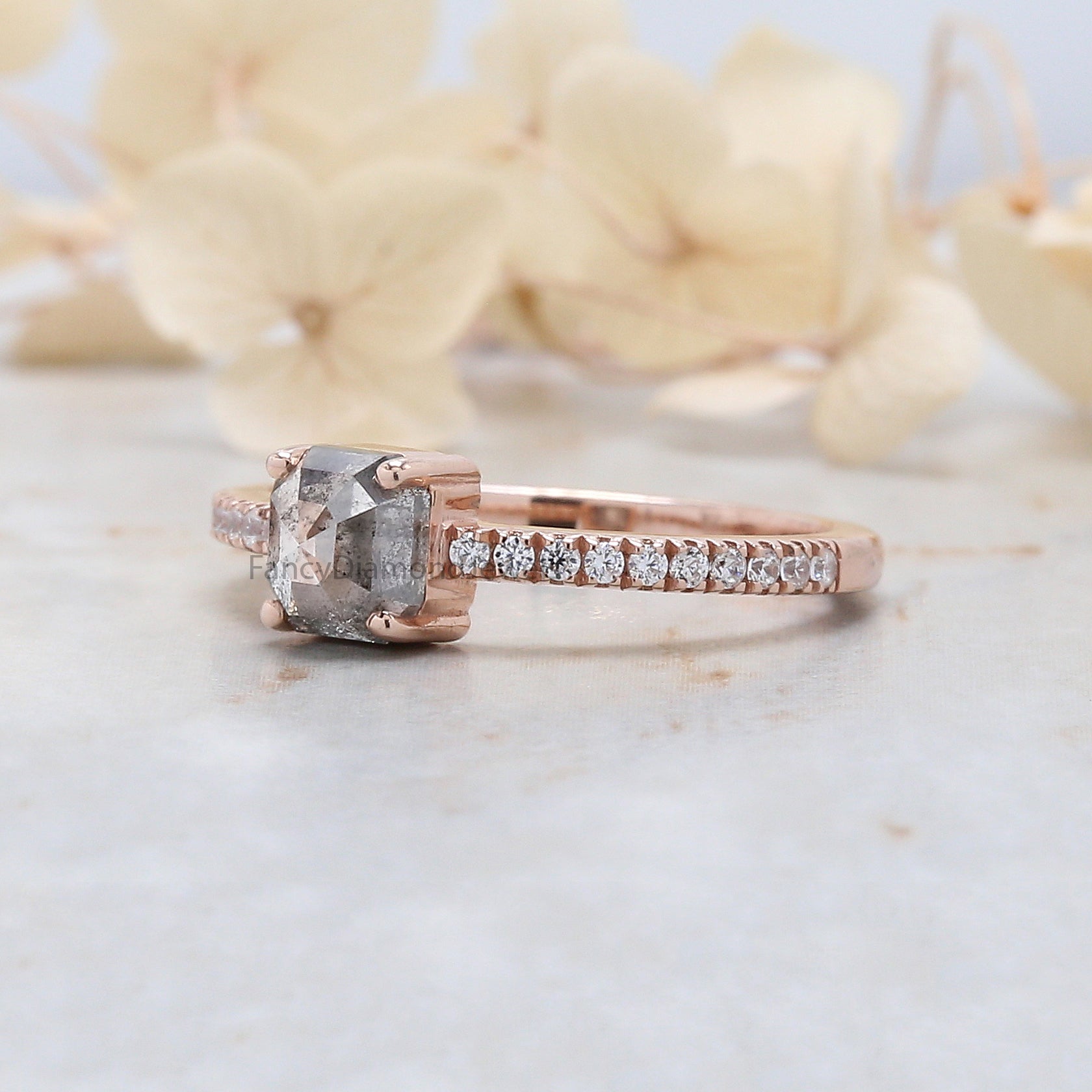 Emerald Cut Salt And Pepper Diamond Ring 1.05 Ct 5.60 MM Emerald Diamond Ring 14K Solid Rose Gold Silver Engagement Ring Gift For Her QL3062