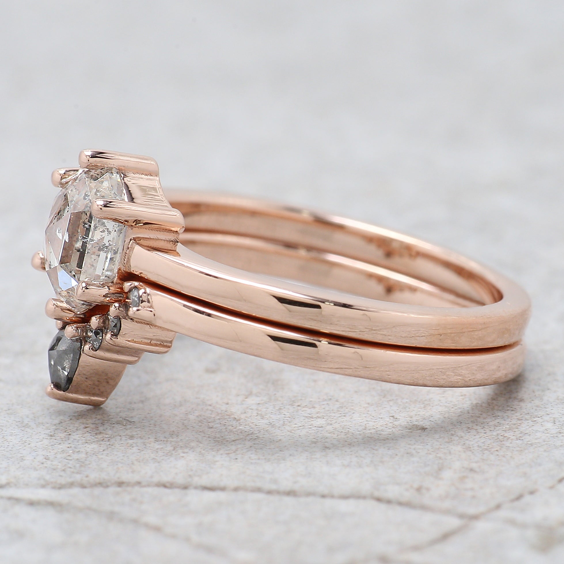 Hexagon Cut Salt And Pepper Diamond Ring 1.00 Ct 6.90 MM Hexagon Diamond Ring 14K Solid Rose Gold Silver Engagement Ring Gift For Her QL2676