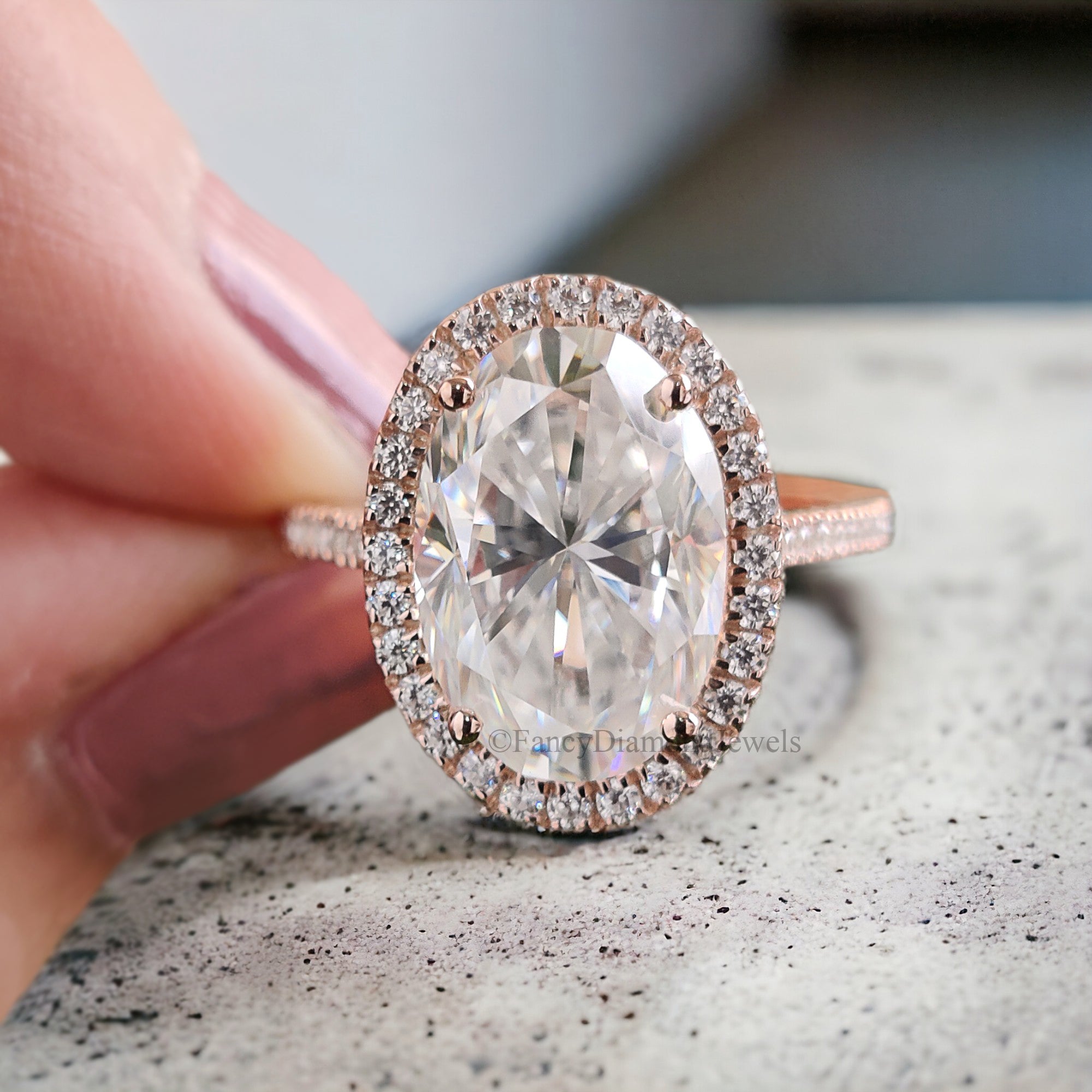 Oval Moissanite Engagement Ring Rose Gold Moissanite And Diamond Halo Ring Diamond Half Eternity Band Moissanite Bridal Ring Set FD134