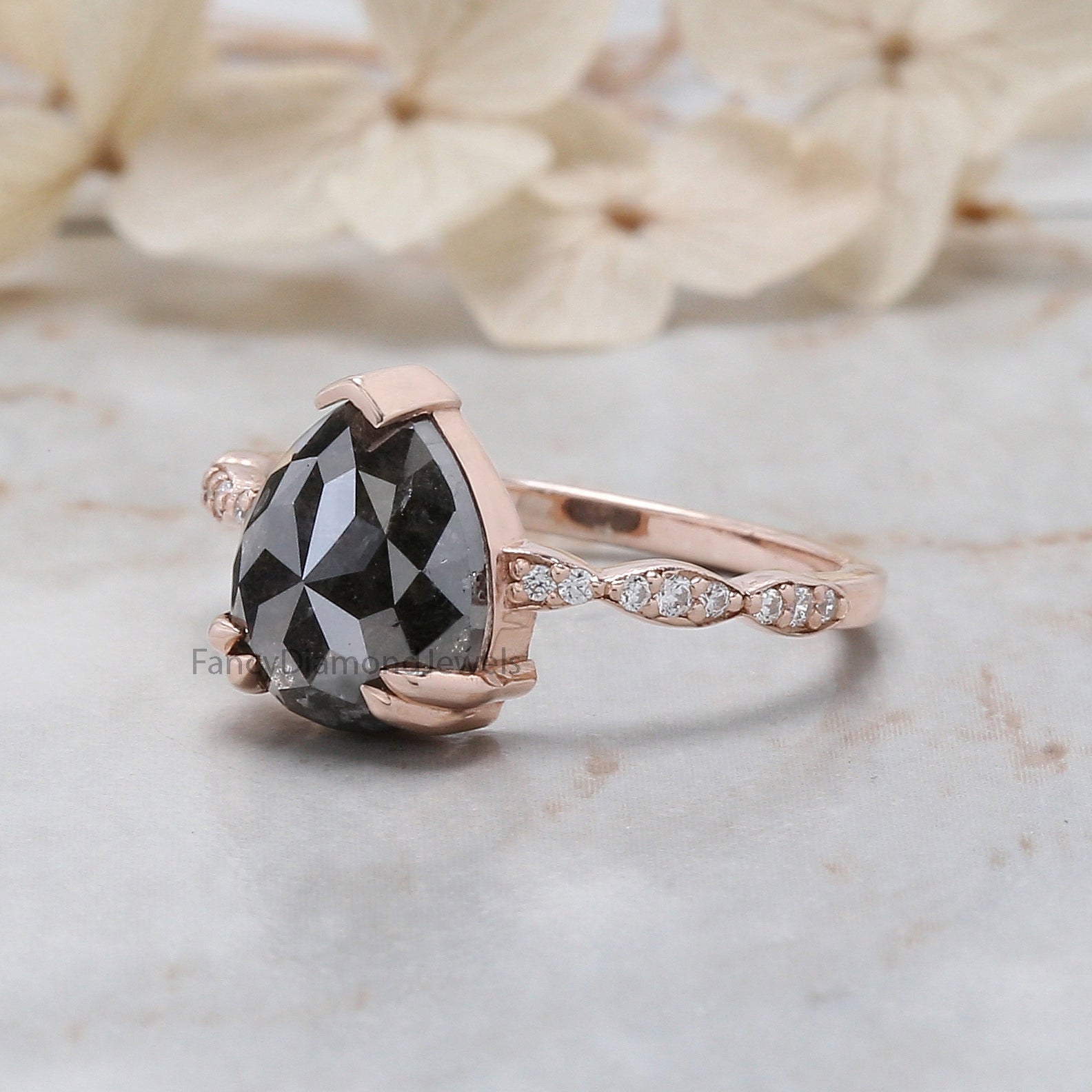 Pear Cut Salt And Pepper Diamond Ring 2.74 Ct 9.70 MM Pear Diamond Ring 14K Solid Rose Gold Silver Engagement Pear Ring Gift For Her QL3082