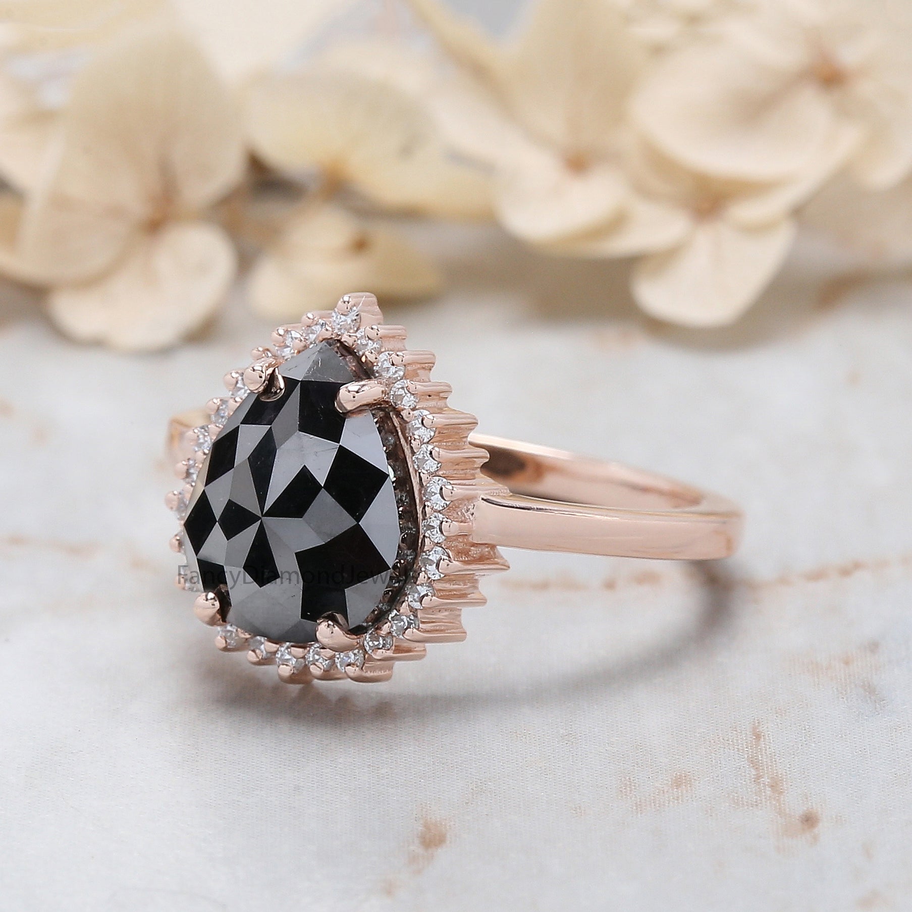 Pear Shape Black Color Diamond Ring 2.67 Ct 10.30 MM Pear Cut Diamond Ring 14K Solid Rose Gold Silver Engagement Ring Gift For Her QL3113