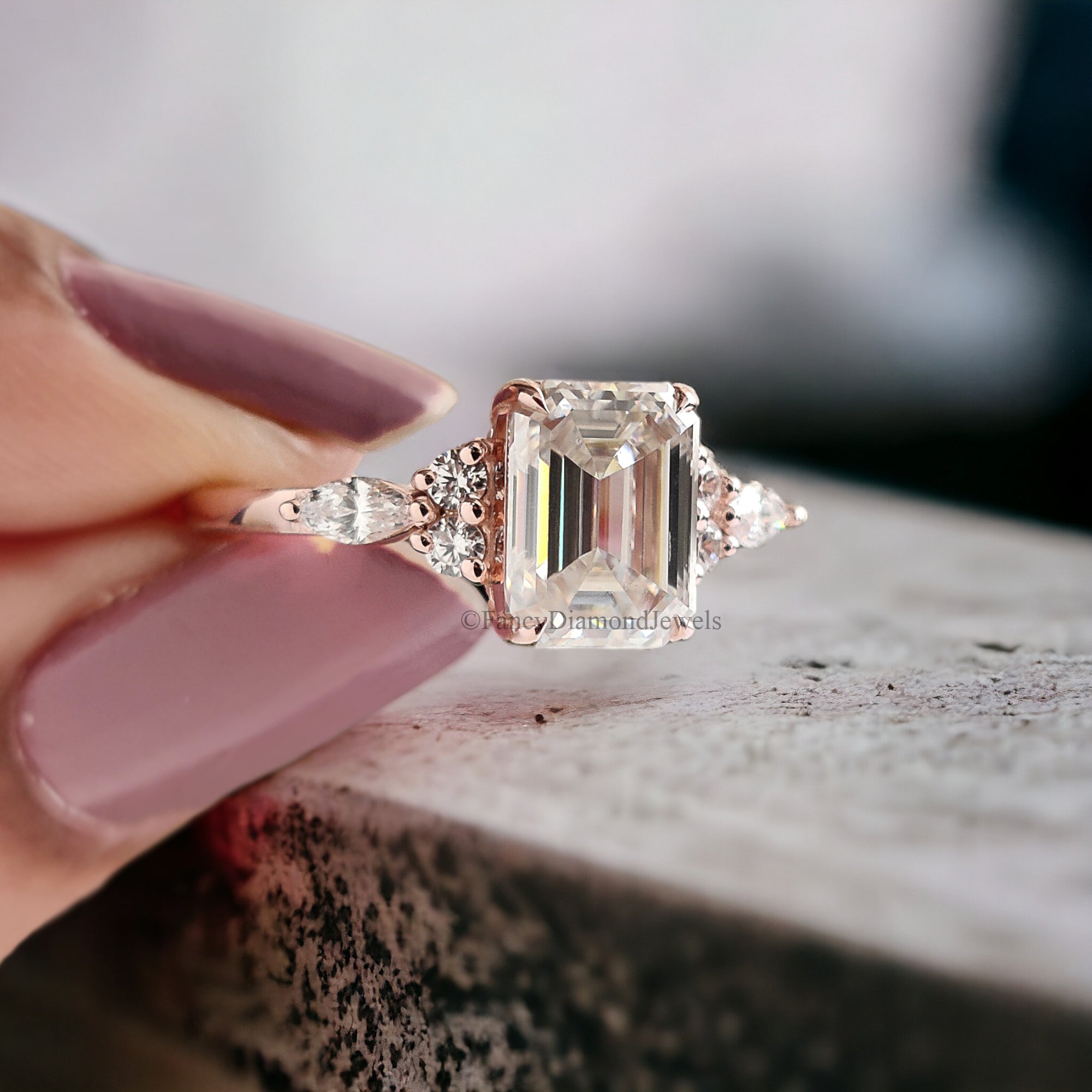 Vintage Emerald Moissanite Engagement Ring Delicate Anniversary Ring Prong Set Simulated Diamond Ring Milgrain Antique Wedding Ring FD180