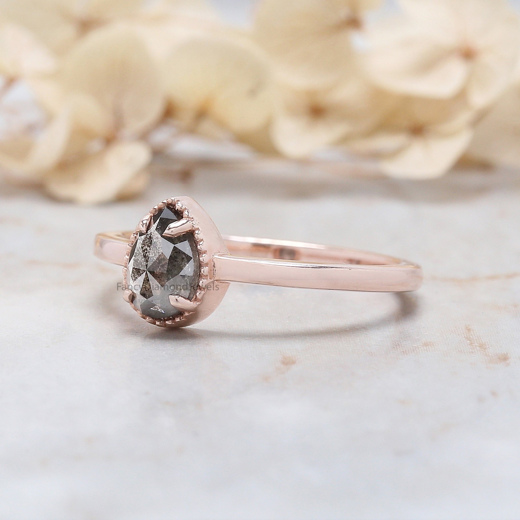 0.70 Ct Natural Pear Cut Salt And Pepper Diamond Ring 6.52 MM Pear Diamond Ring 14K Solid Rose Gold Silver Engagement Ring Pear Ring QL2359