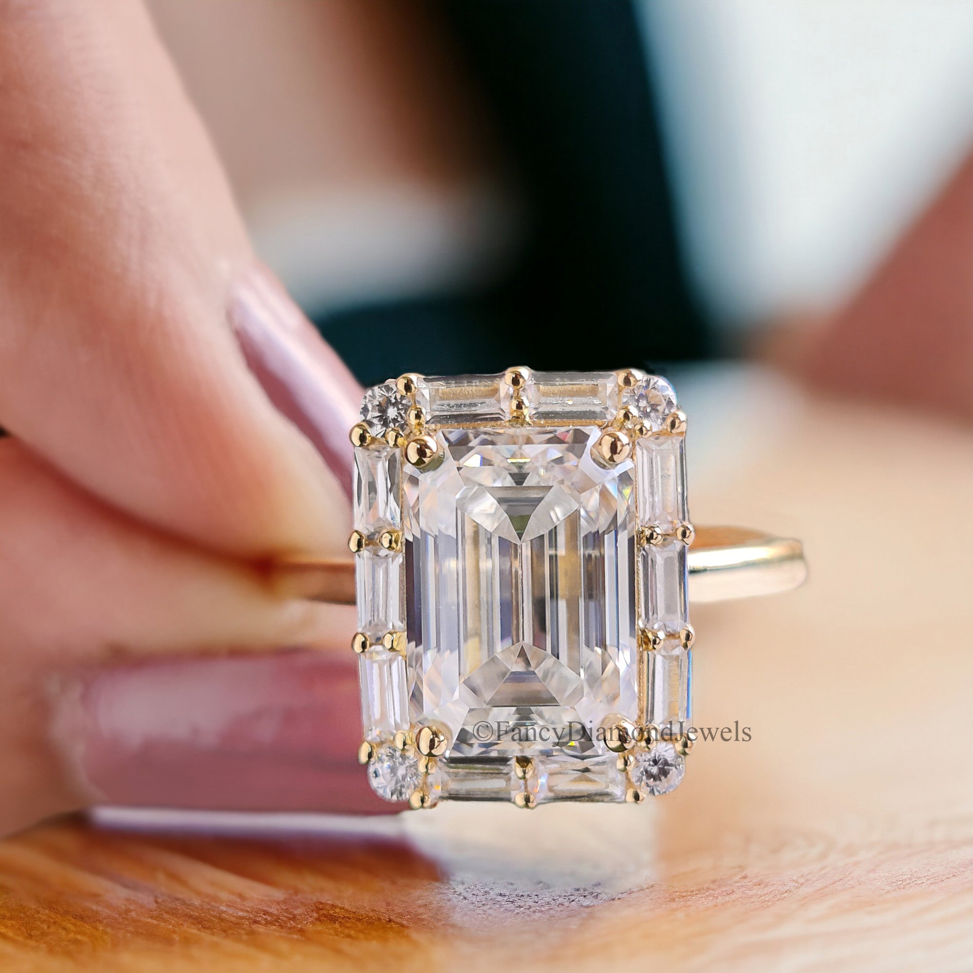 3.00 CT Emerald Cut Colorless Moissanite Engagement Ring Side Baguette Moissanite Wedding Ring Anniversary Gift For Her Handmade Ring FD140