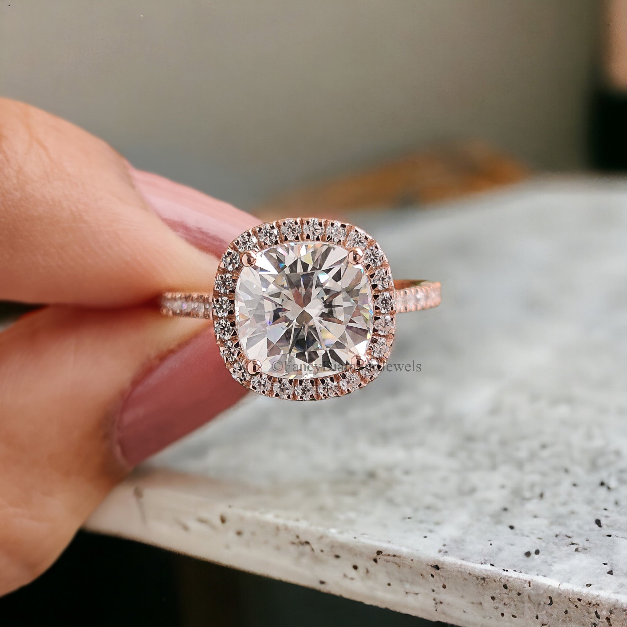 2.00 CT Moissanite Engagement Ring Cushion Moissanite 14k Rose Gold and Diamond Ring Diamond Half Eternity Milgrain Band Promise Ring FD125