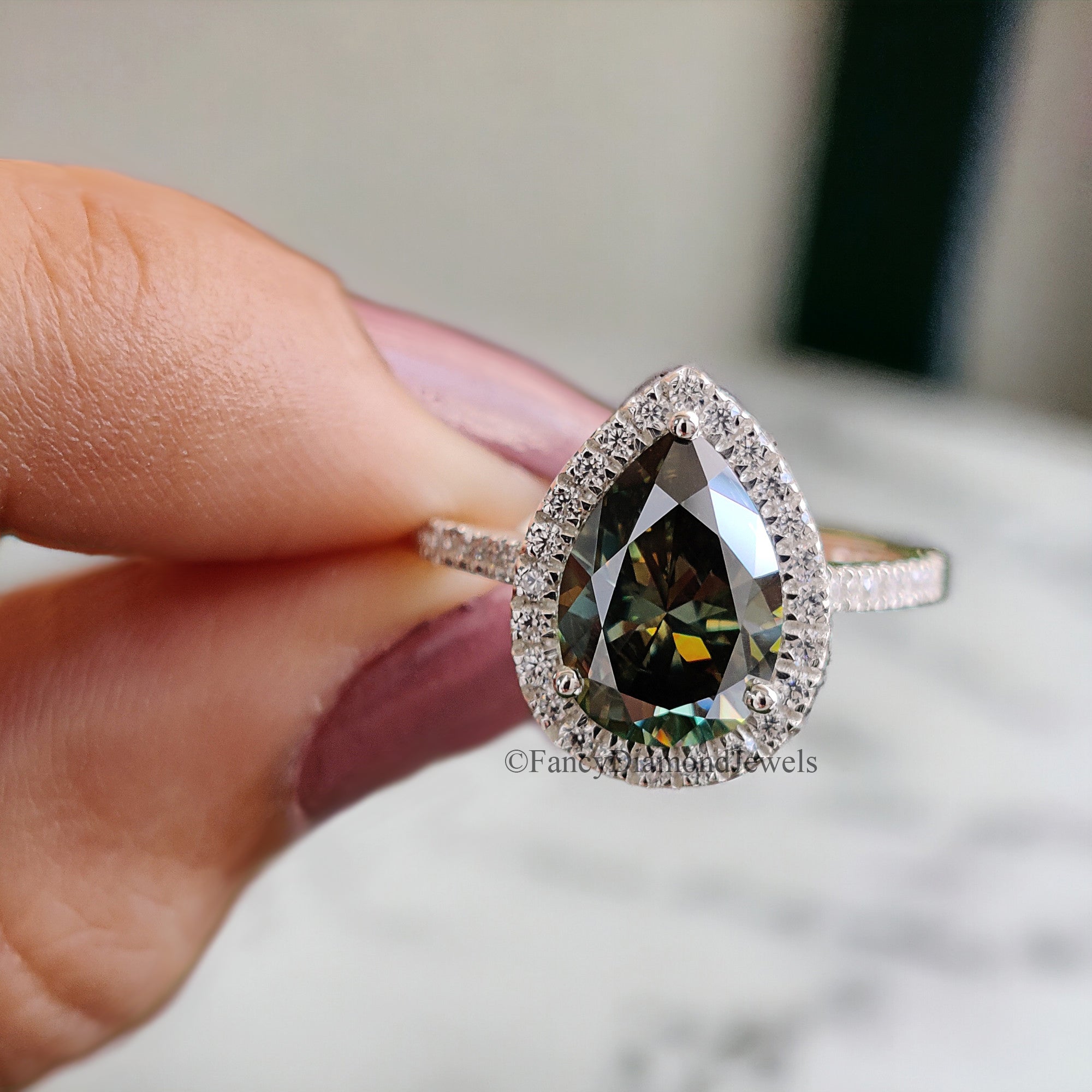 Pear Cyan Green Moissanite Ring Halo Engagement Ring 2.30 TW Pear Shaped Moissanite Ring Proposal Ring For Her Anniversary Gift Ring FD40