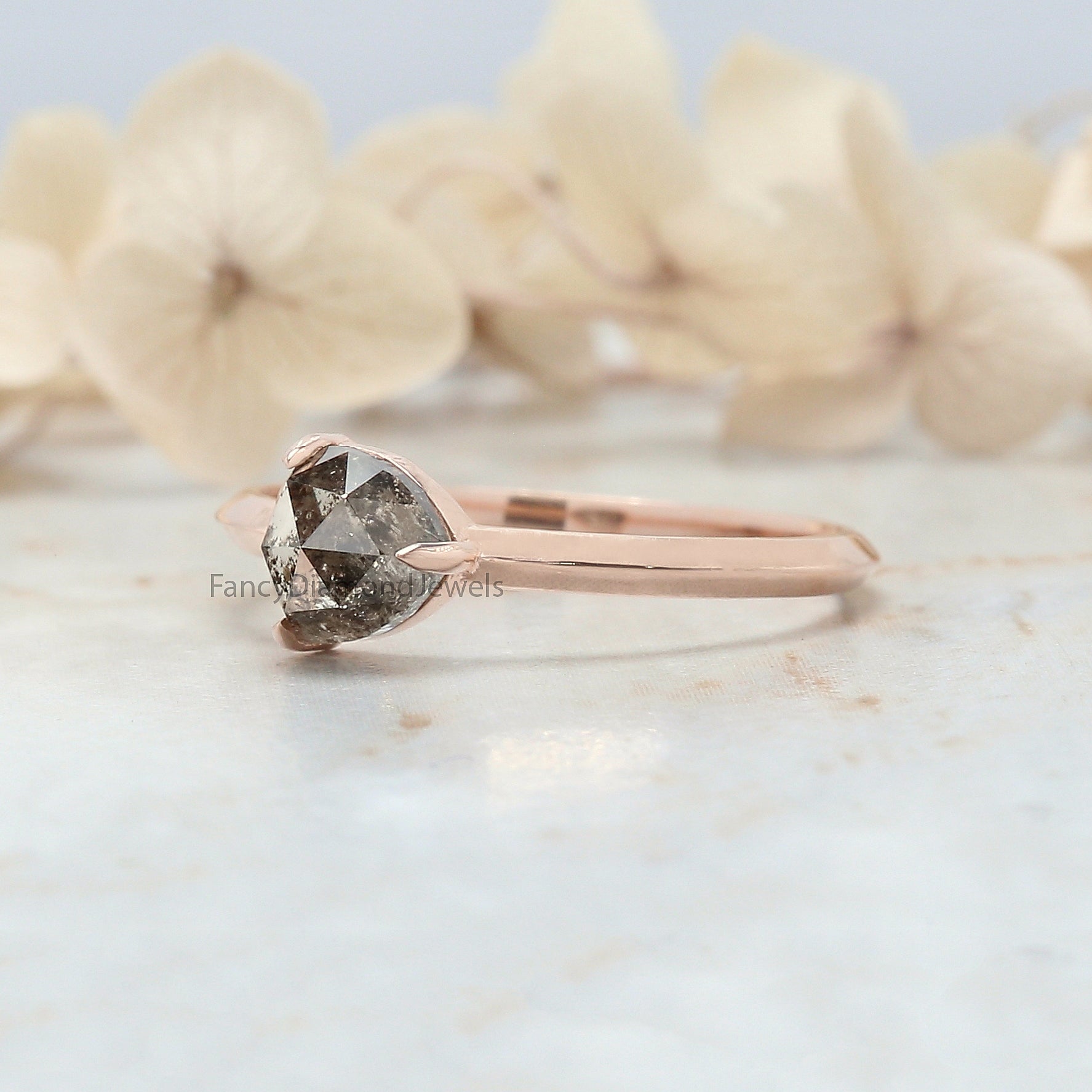 Triangle Salt And Pepper Diamond Ring 0.95 Ct 5.71 MM Triangle Diamond Ring 14K Solid Rose Gold Silver Engagement Ring Gift For Her QL3060