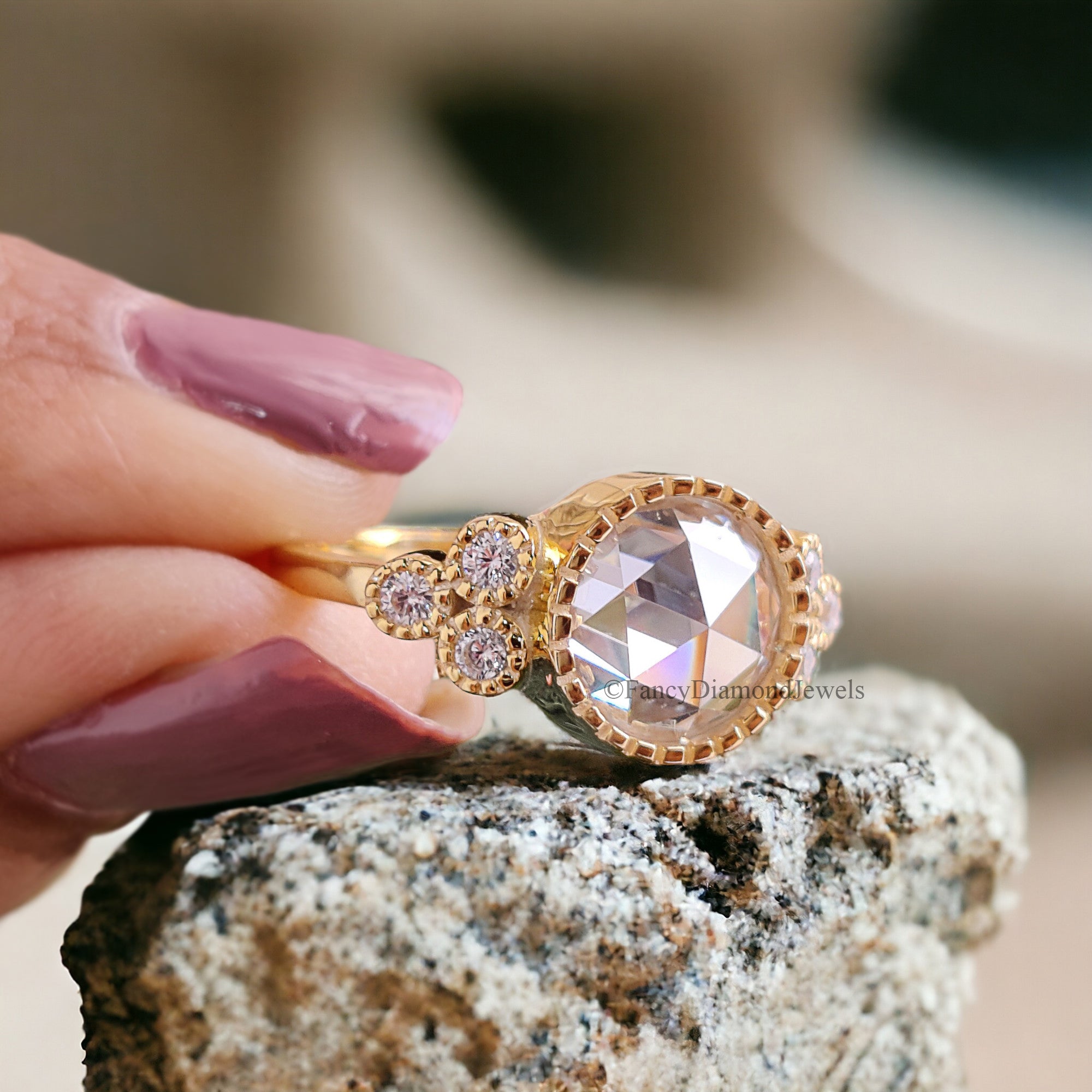 Vintage Style Round Rose Cut Colorless Moissanite Bezel Set Engagement Ring Milgrain Wedding Ring Designer Gold Ring Anniversary Ring FD276