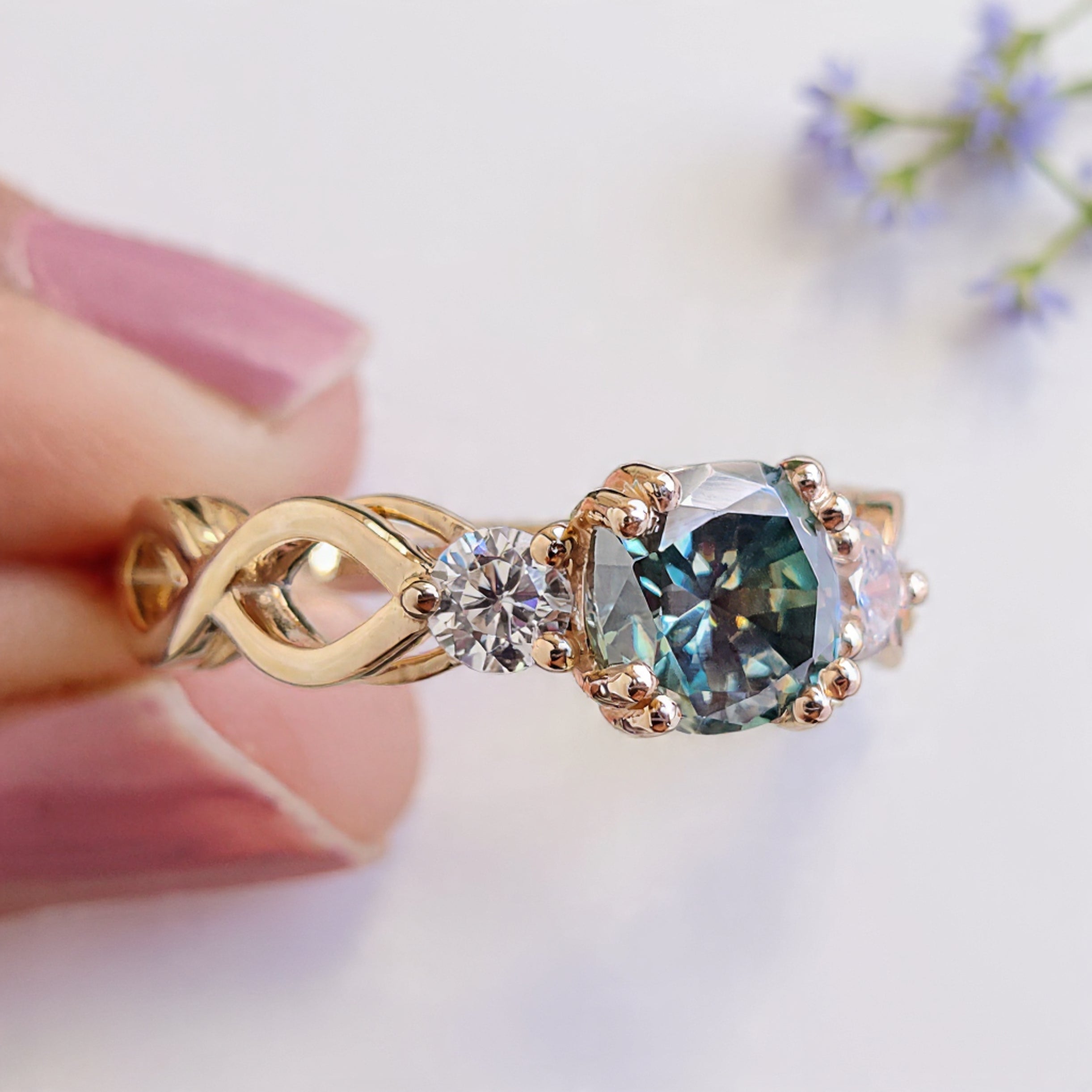 Cushion Cut Green Moissanite Engagement Ring 14K Solid Gold Ring Double Prong Set Ring Cushion Moissanite Wedding Ring Gift For Her FD467