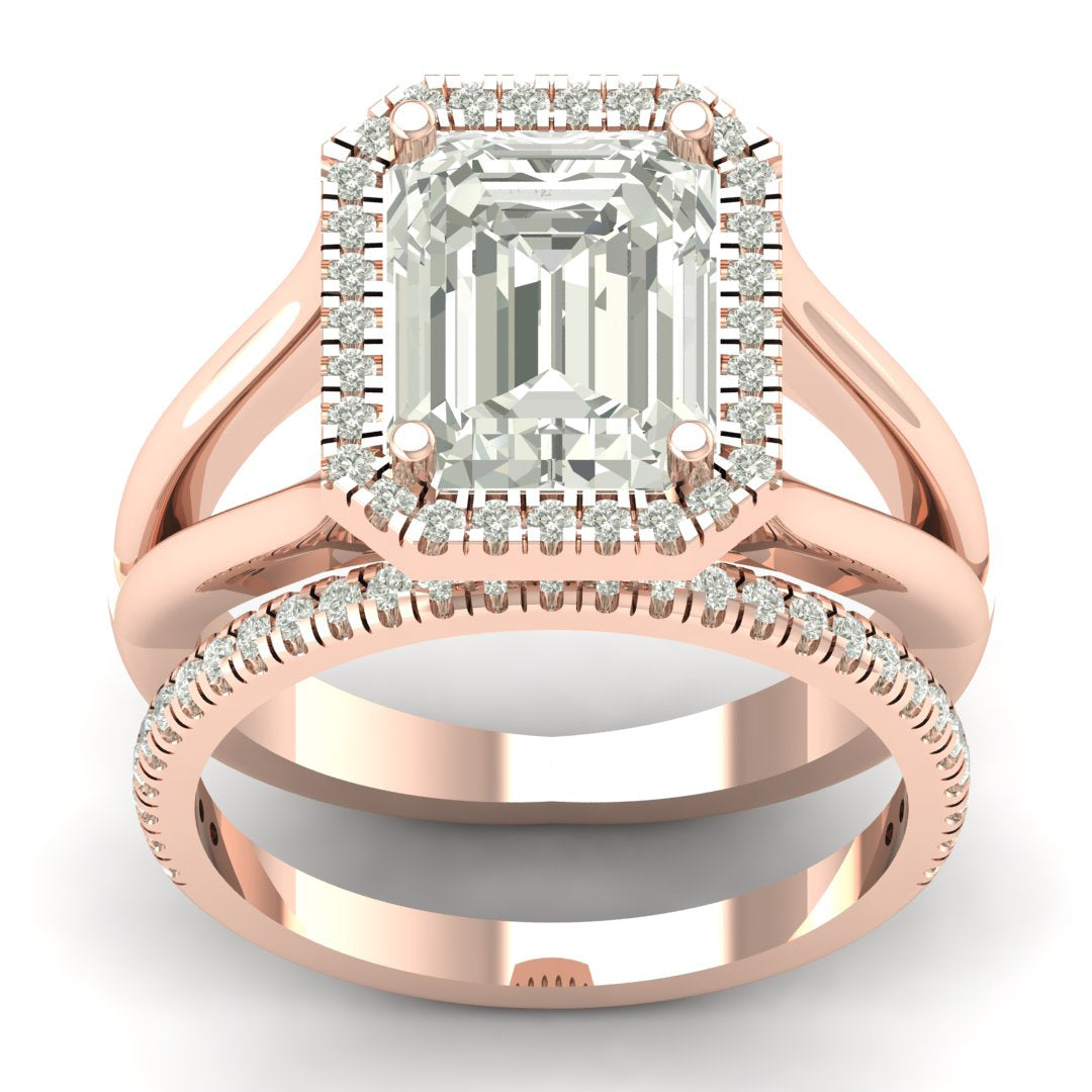 4.09 TW Unique Design Ring Emerald Cut Lab Grown Diamond Ring Halo Set Engagement Ring Split Band Wedding Ring Set PR646