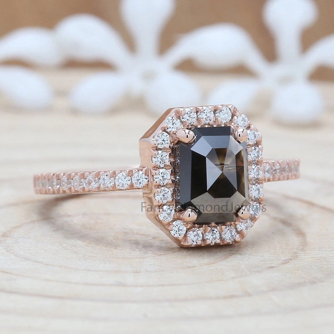 Emerald Cut Black Color Diamond Ring 1.38 Ct 7.00 MM Emerald Diamond Ring 14K Solid Rose Gold Silver Engagement Ring Gift For Her QK2087