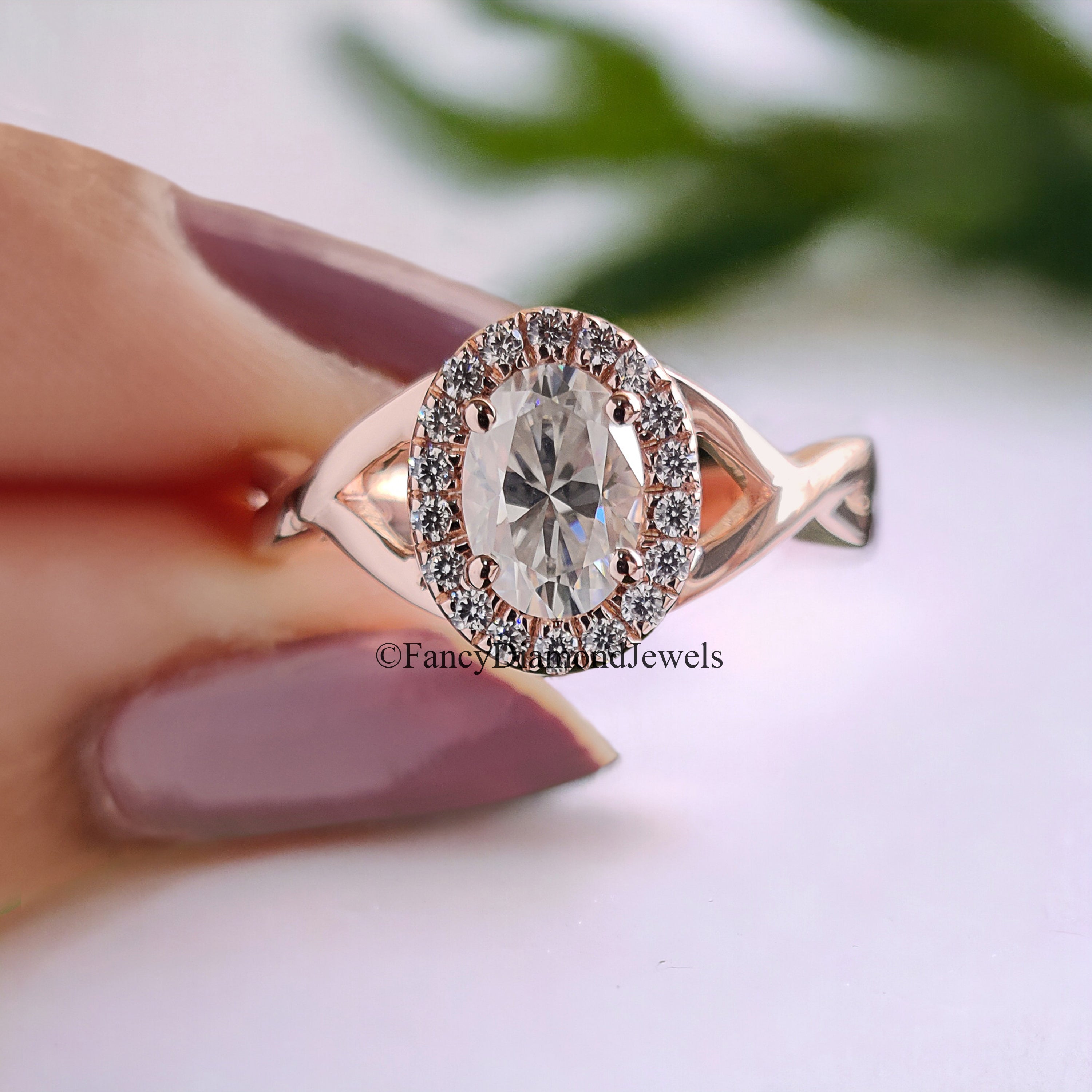 0.70 CT Oval Cut Moissanite Solitaire Ring 14K Rose Gold Engagement Ring Halo Setting Statement Ring Gift For Her Anniversary Ring FD96