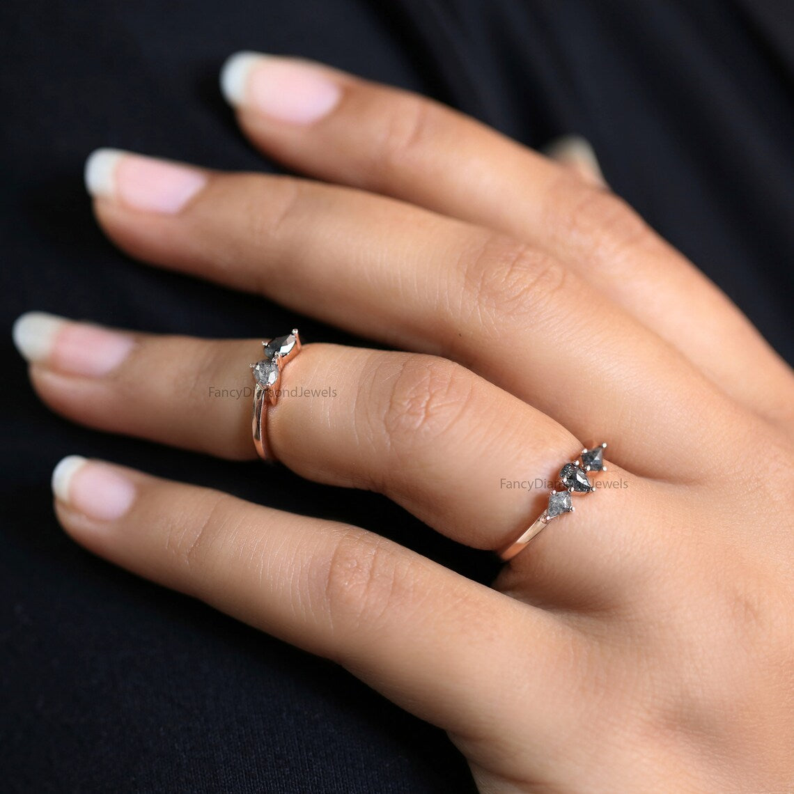 Salt And Pepper Pair Diamond Midi Ring, Mix Shape Engagement Ring, Salt And Pepper Diamond Ring, Full Finger Ring, Finger pair Ring KDN2283