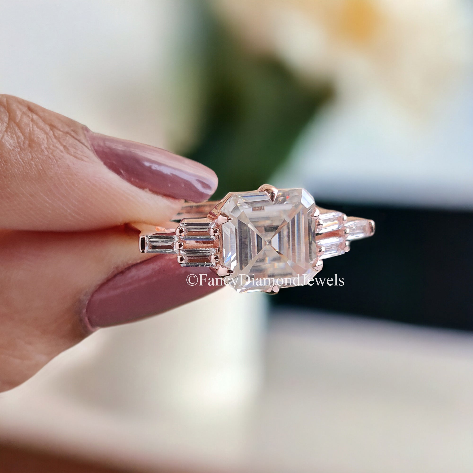 Perfect Anniversary Gift 2.50 CT Asscher Cut Colorless Moissanite Engagement Ring Side baguette Moissanite Wedding Ring Bridal Set Ring FD85